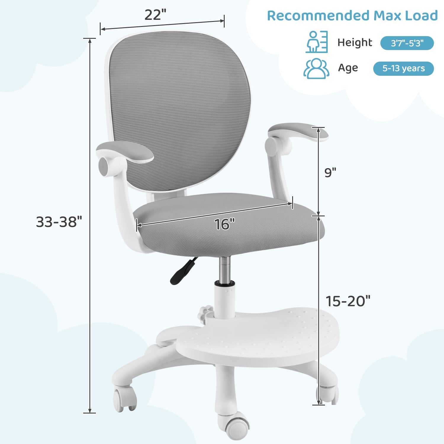 HOMREST Kids Desk Chair,Ergonomic Kids Study Chairs with Adjustable Height,Breathable Mesh Removable,Non-Slip Footrests, Gray