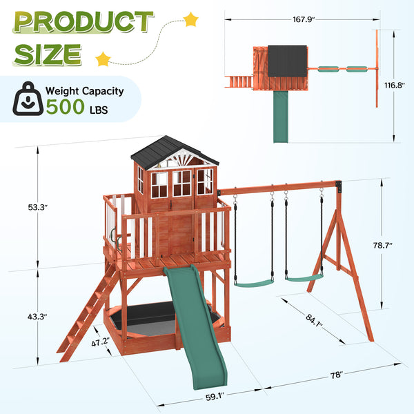 HOMREST Kids Outdoor Wooden Swing Set with Elevated Playhouse, Wave Slide, Belt Swings and Sandbox