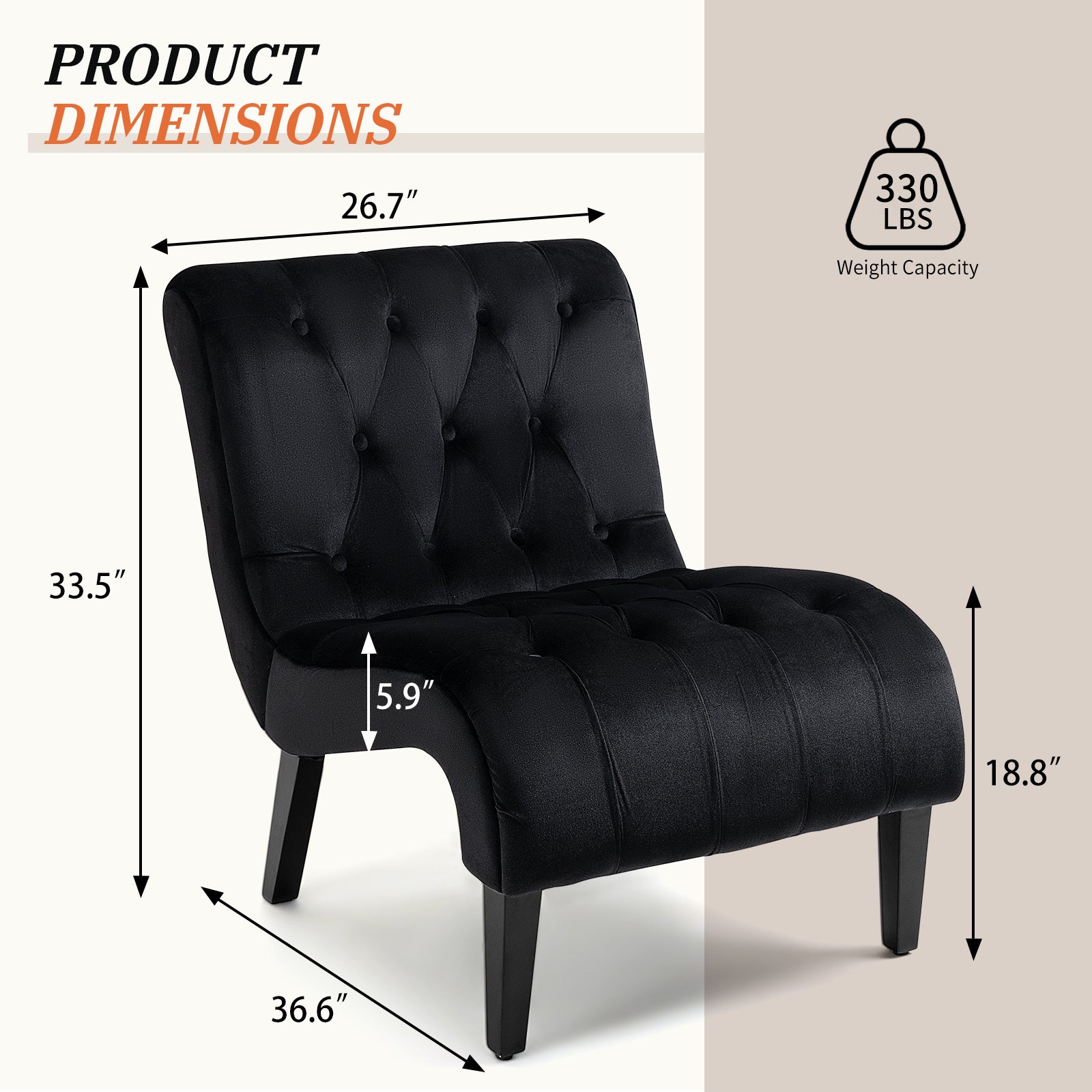 HOMREST Armless Accent Chair, Upholstered Button Tufted Living Room Chairs with Wood Legs, Comfy Frosted Velvet Lounge Chair Reading Chair for Bedroom, Black