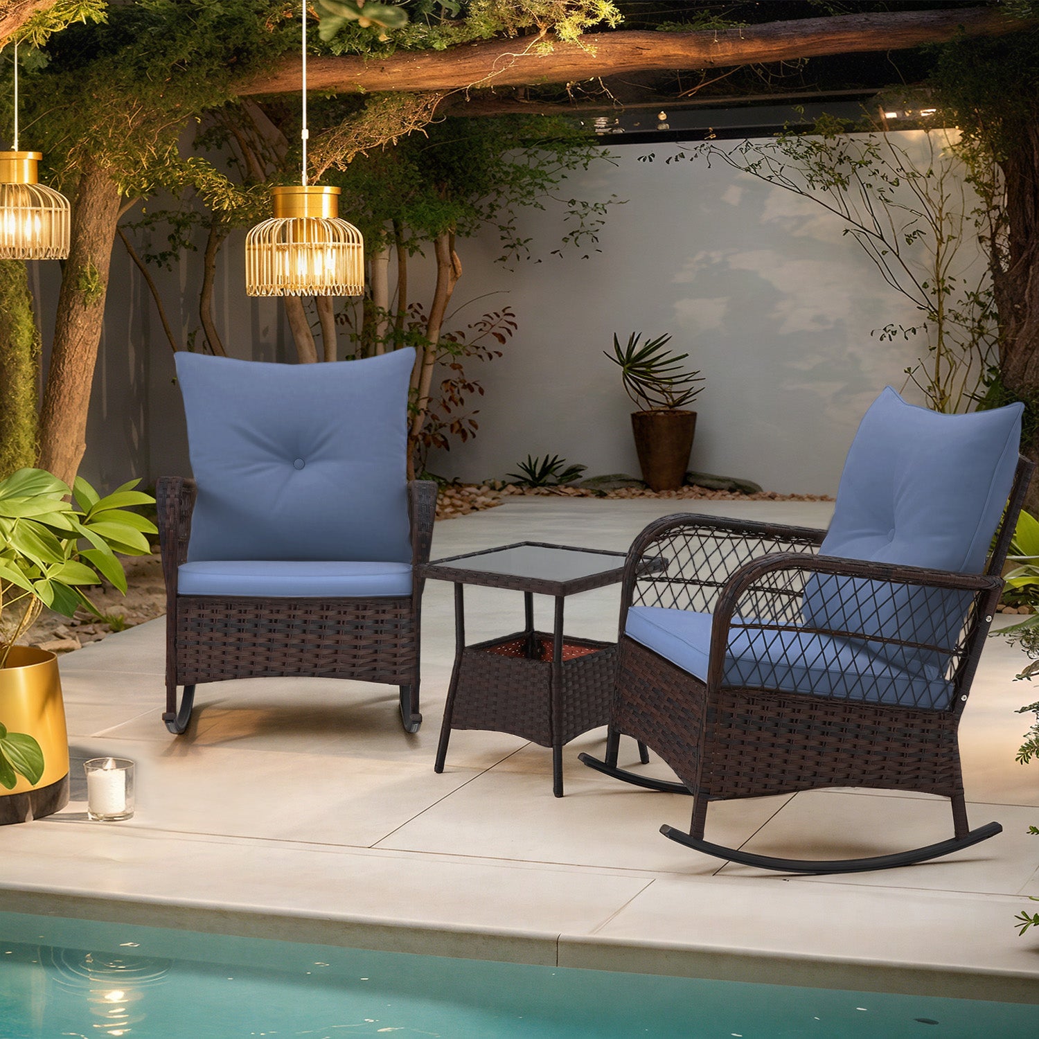 HOMREST 3-Piece Rattan Rocking Bistro Set with Glass Coffee Table for Porch & Garden