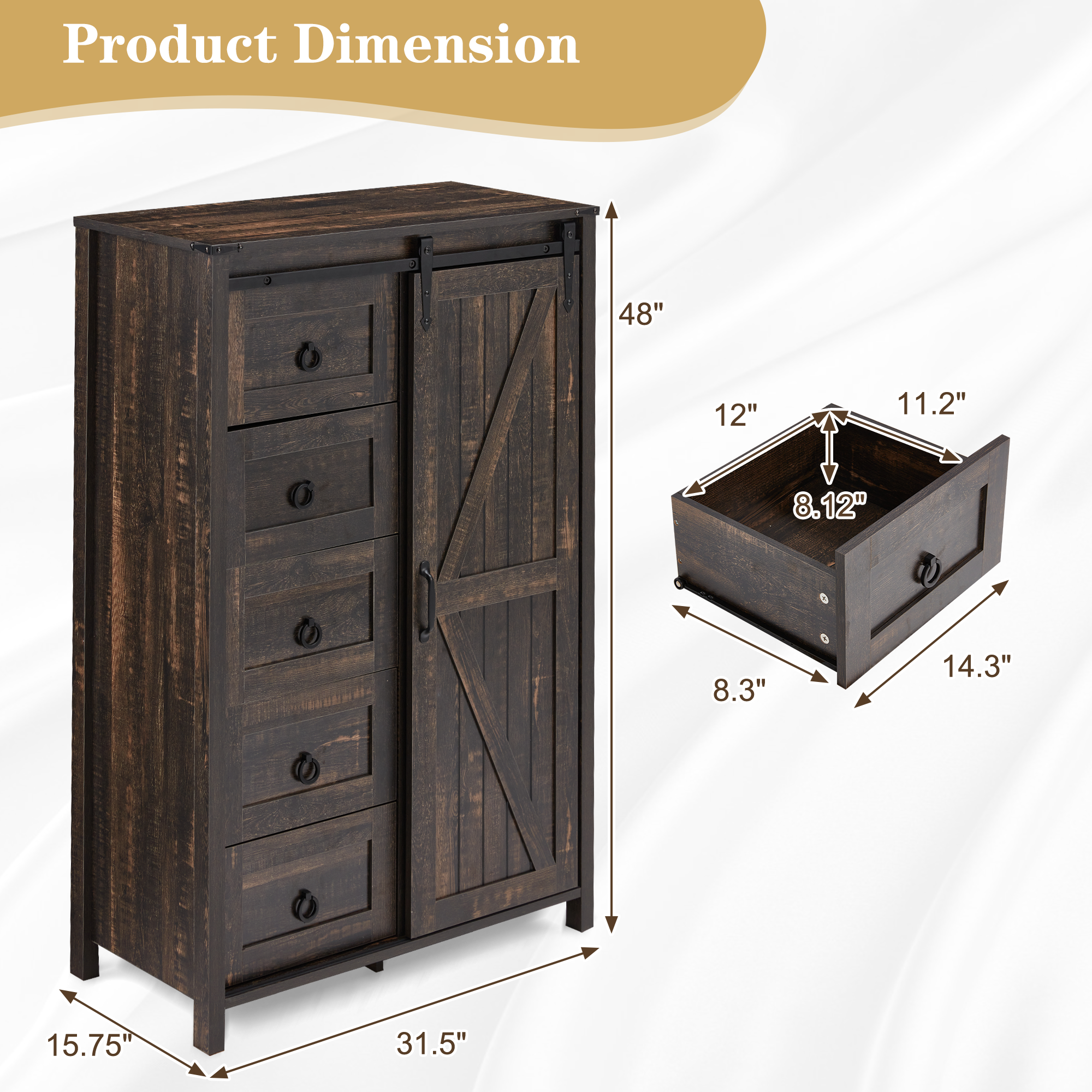 HOMREST Farmhouse 48" Tall Chest of Drawers, Wooden Closet Dresser with Sliding Barn Door, Storage Organizer Dresser for Living Room, Hallway, Antique