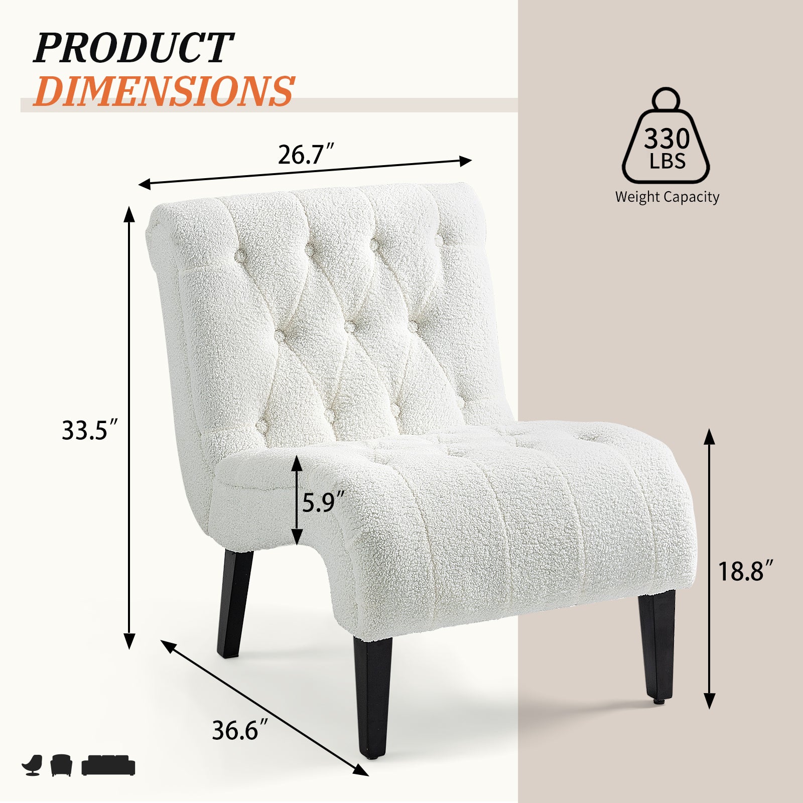 HOMREST Armless Accent Chair, Upholstered Button Tufted Living Room Chairs with Wood Legs, Comfy Frosted Velvet Lounge Chair Reading Chair for Bedroom, White