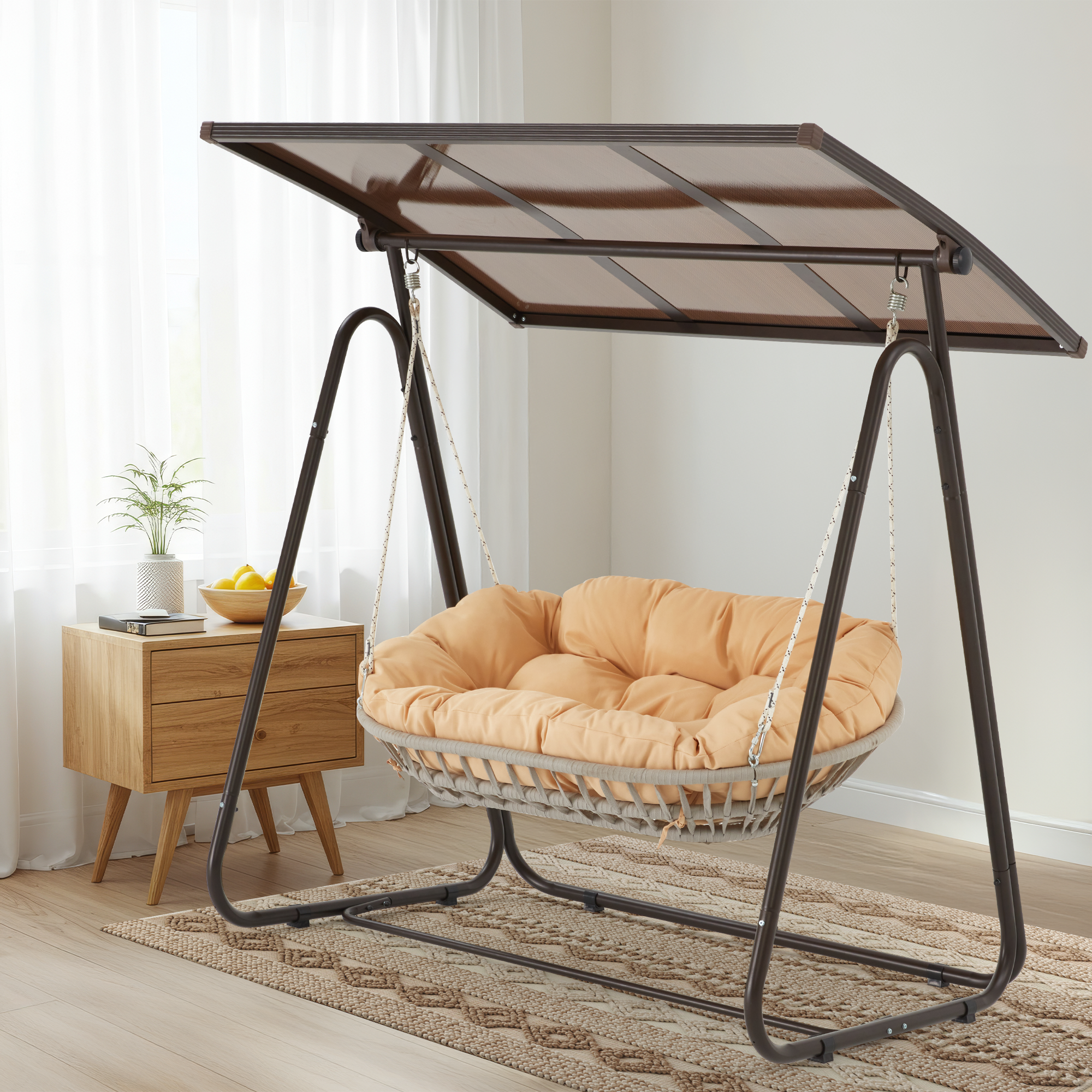 HOMREST 2-Seat Patio Swing Chair with Adjustable Canopy, Beige