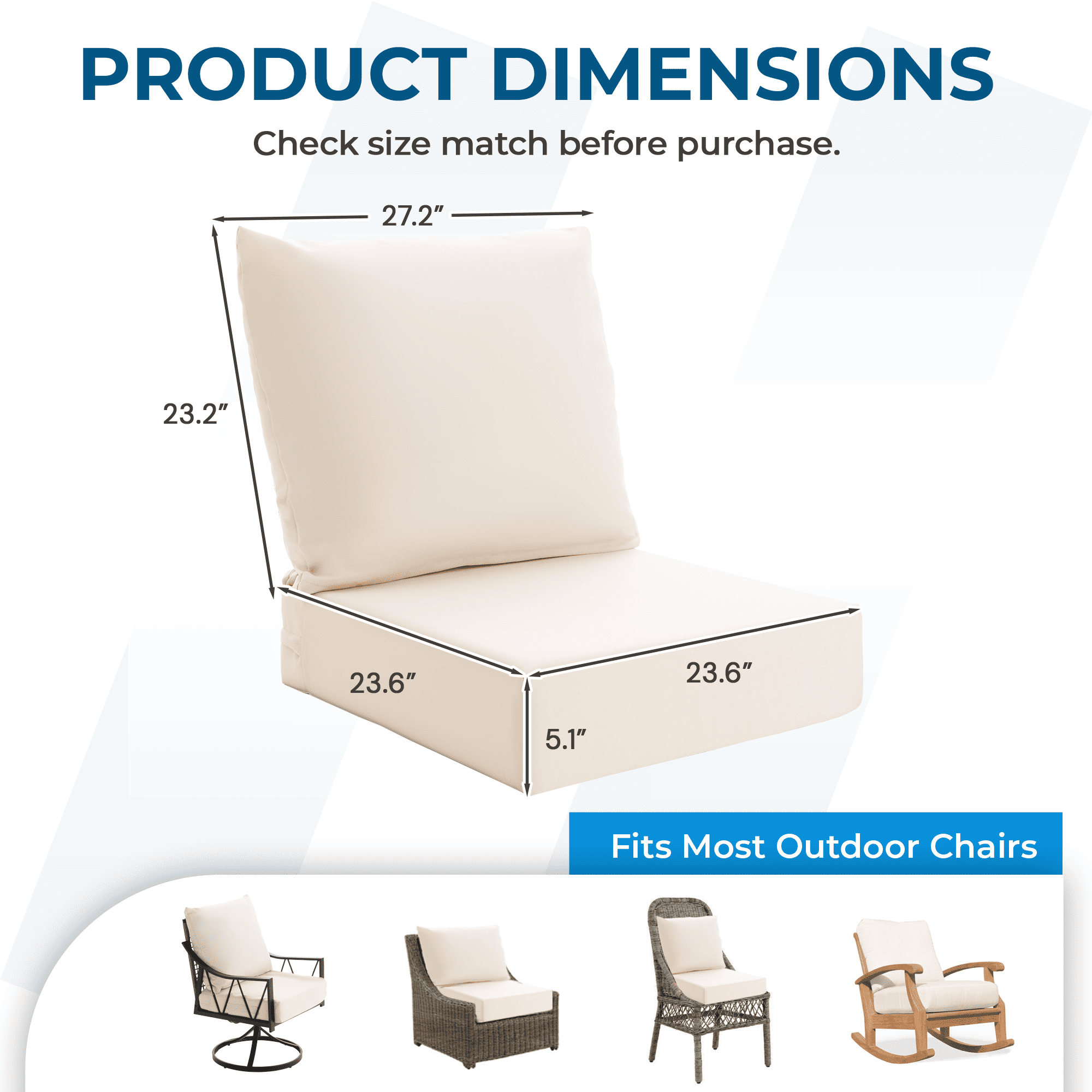 HOMREST Patio Furniture Cushions Set of 2 with Handle and Ties, Waterproof Fade-Resistant Outdoor Couch Cushions, Chair Pads for Dining Chairs, Beige