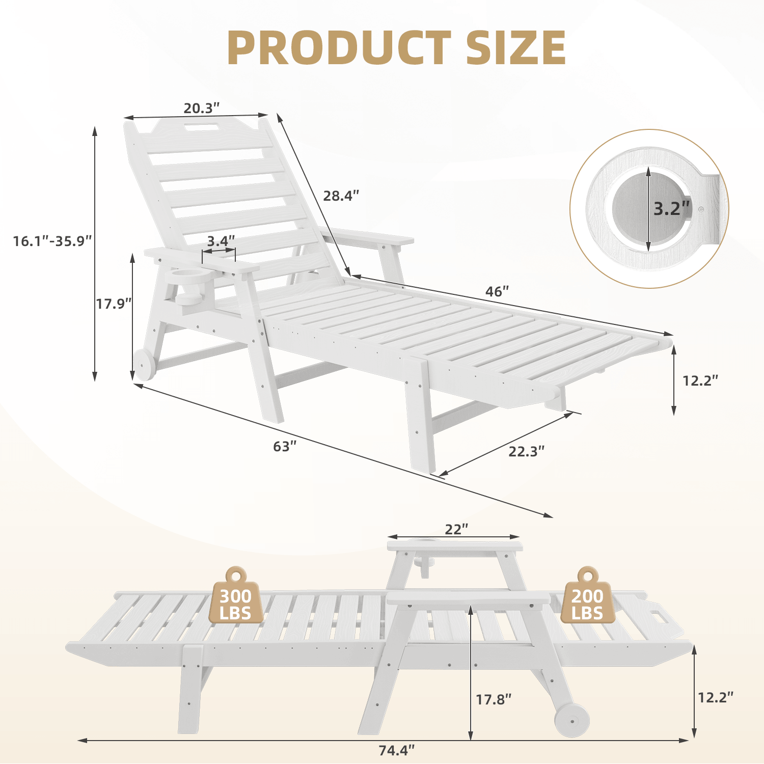 HOMREST 22" W Oversized Chaise Lounge Chairs, Adjustable HDPE Outdoor Chairs with Wheels & Cup Holder, White