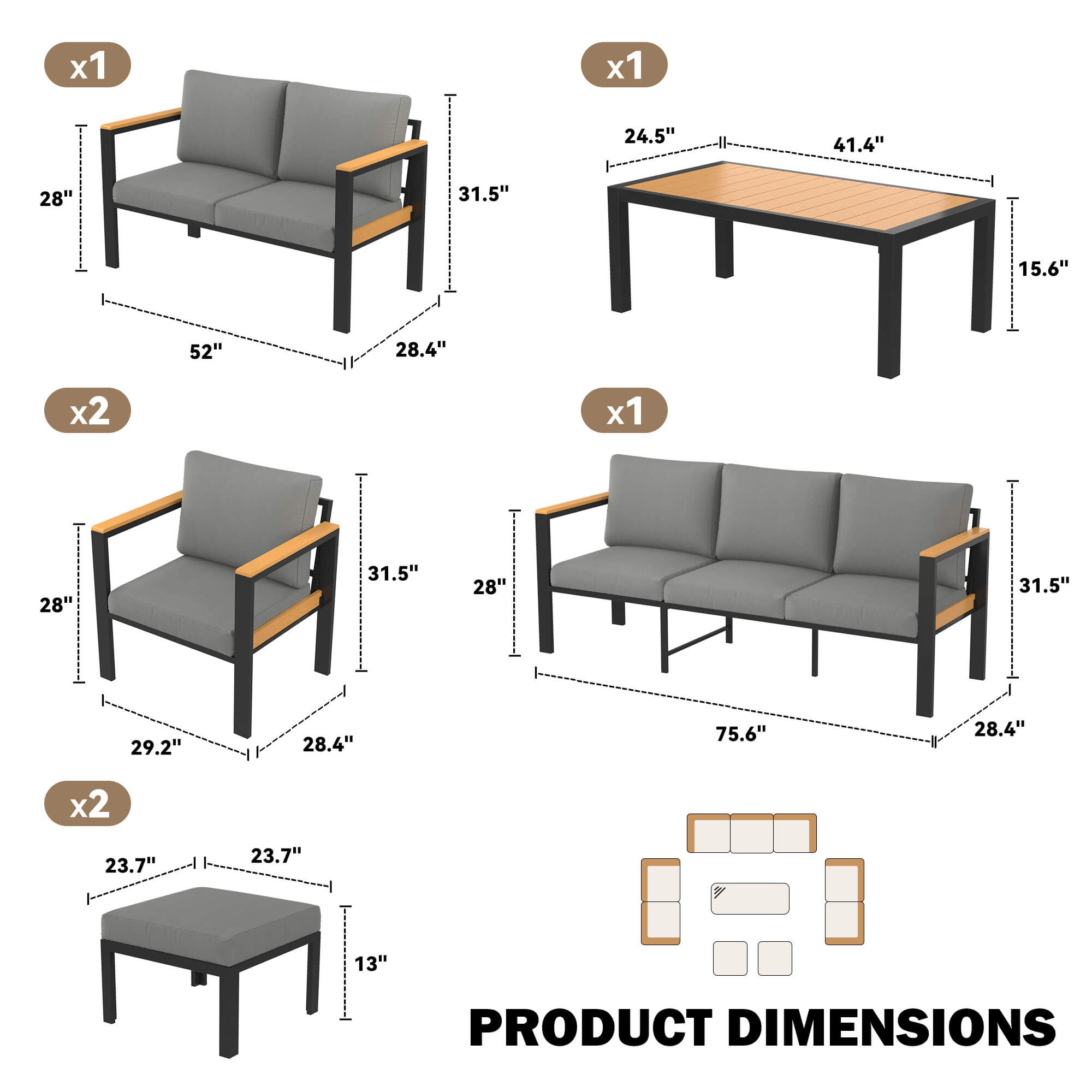 HOMREST 7 Piece Patio Furniture Set, Metal Patio Conversation Set with Coffee Table, All-Weather Outdoor Furniture, Gray