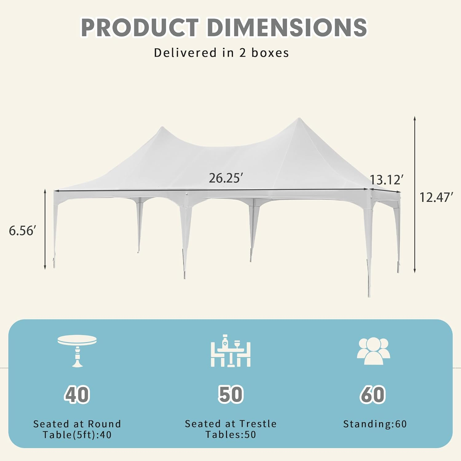 HOMREST 26x13 Party Tent White Wedding Tent Heavy Duty Double Peaked Canopy Tent With Pole Less Event Space Tent For Party Event