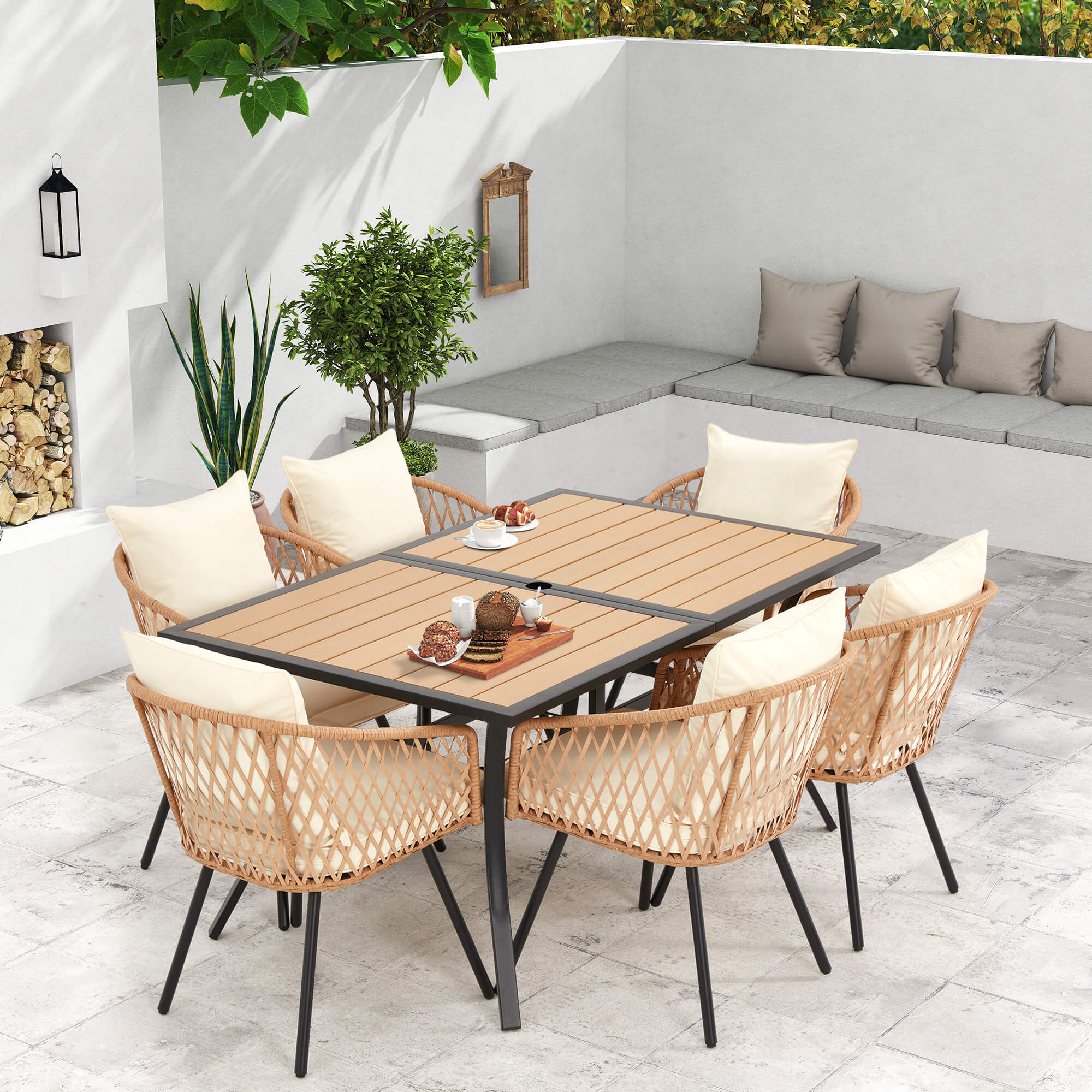 HOMREST 7-Piece Outdoor Dining Set – Rectangular Table with Umbrella Hole & 6 Rattan Chairs, Beige