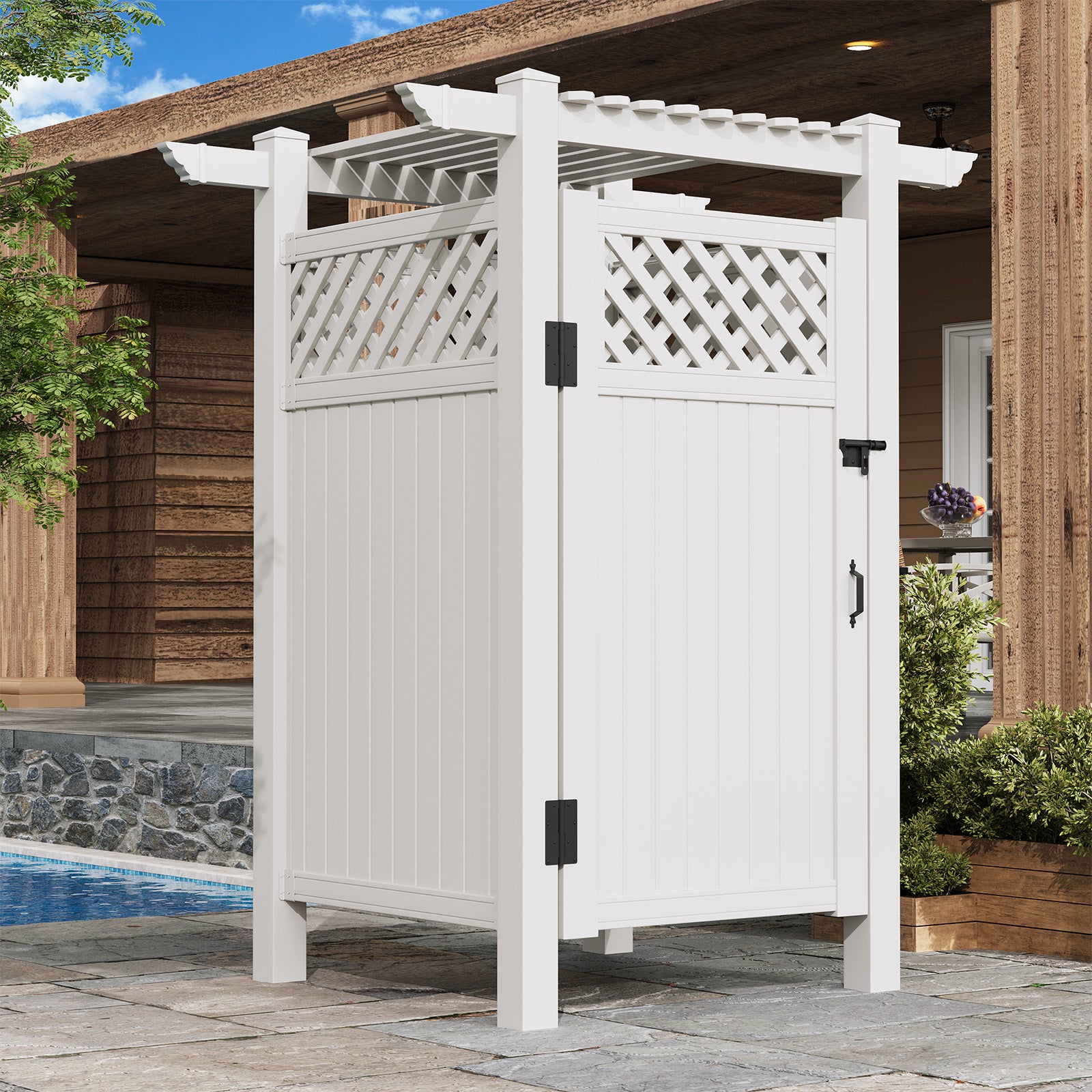 HOMREST 88.5"H x 57.5"W x 47.75"L White PVC Outdoor Shower Enclosure with Door, Weatherproof Privacy Stall for Pool & Beach, Durable Vinyl Construction（Grid-panel with roof）