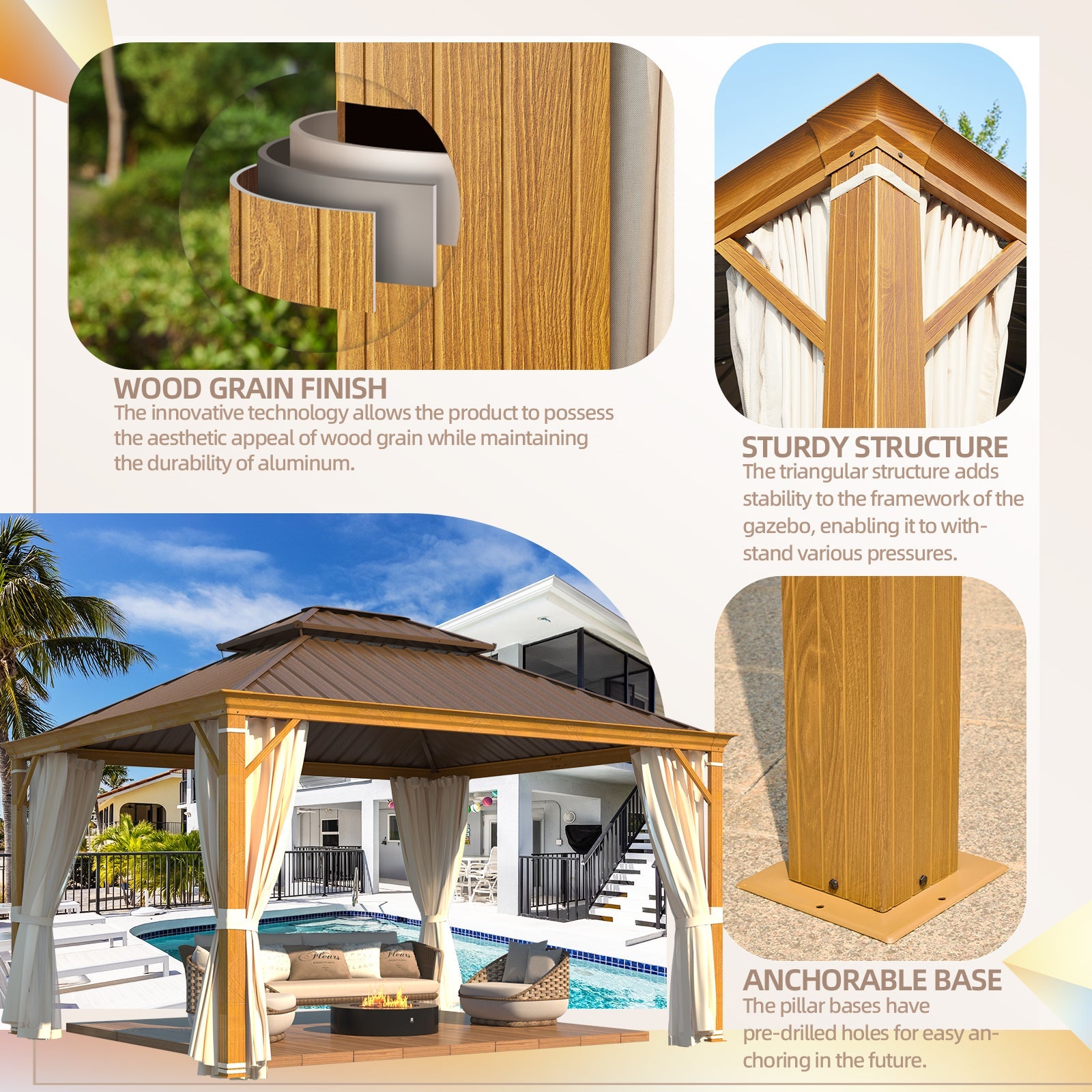 Homrest 12' x 14' Hardtop Gazebo with Aluminum Frame, Wood-Grain