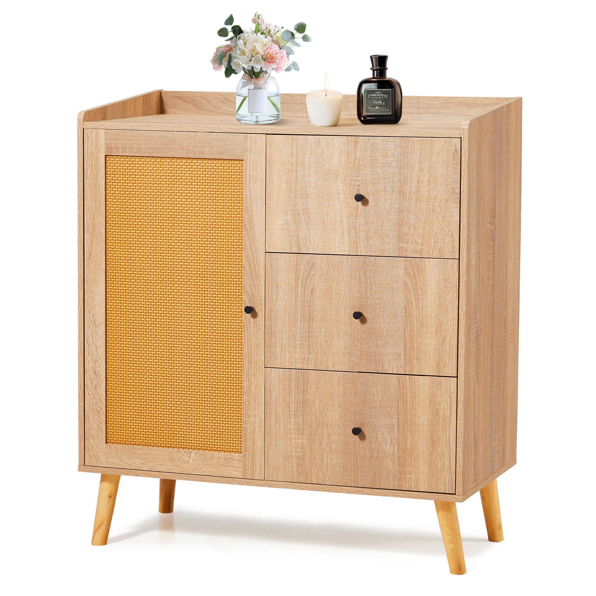 HOMREST Modern Cabinet with Rattan Door and 3 Drawers