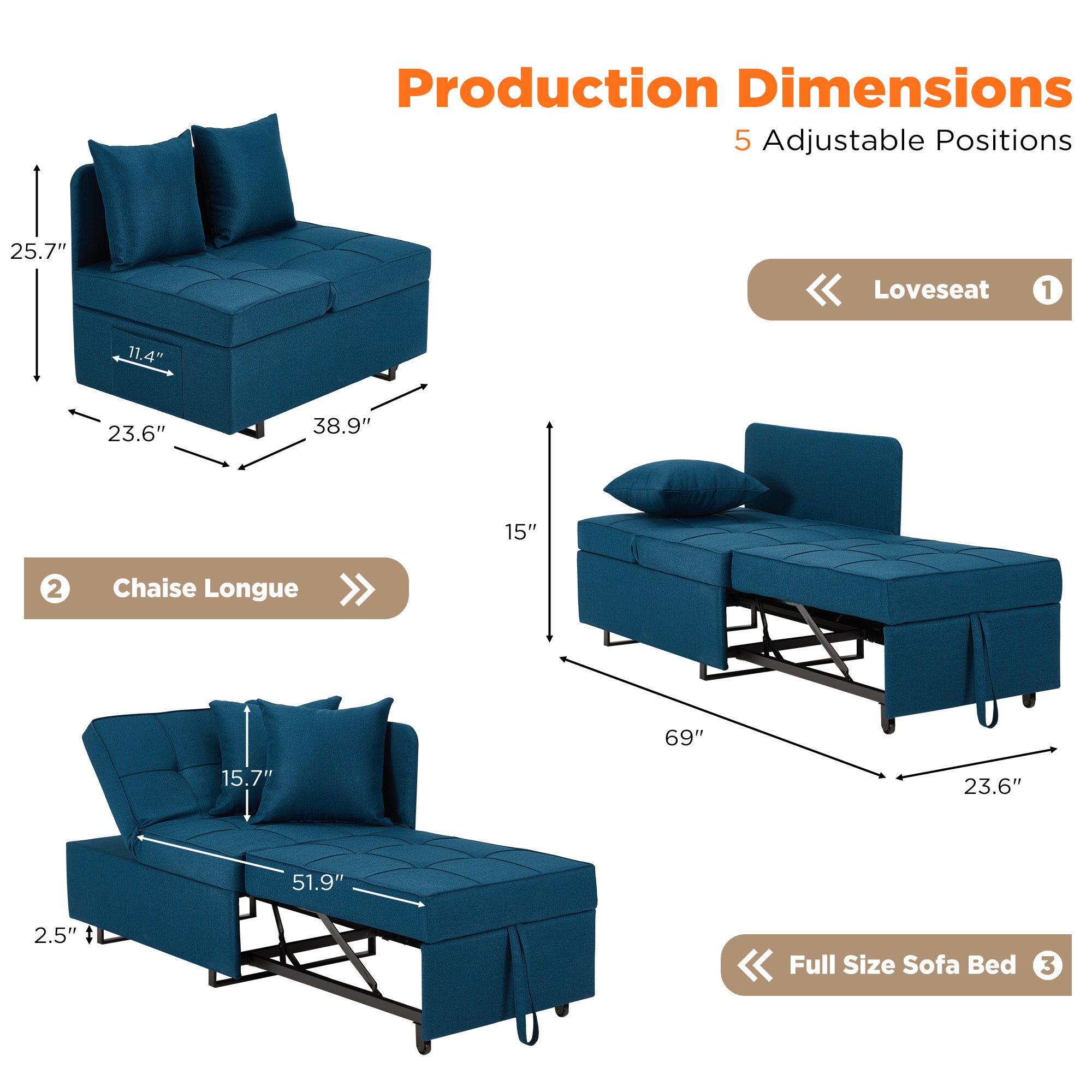 HOMREST 3 IN 1 Futon Sofa Bed Convertible Recliner Lounge for Living Room with Reclining Backrest, Linen, Peacock Blue