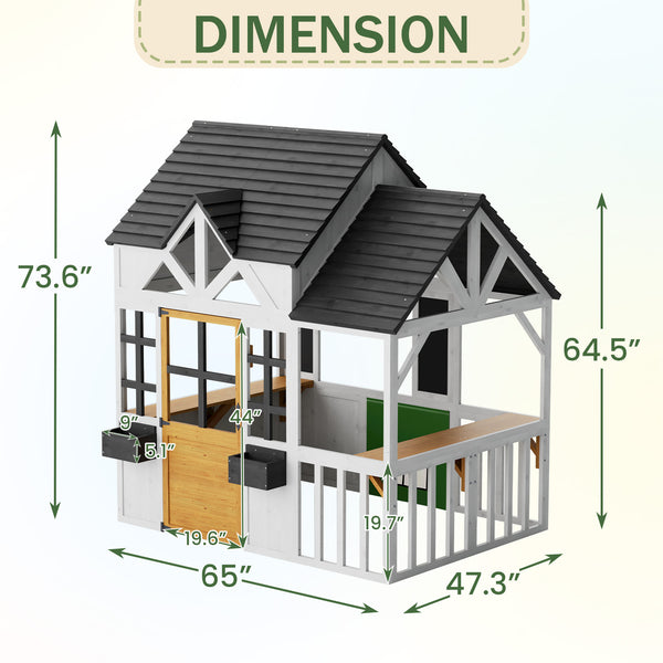 HOMREST Outdoor Play House for Kids, Elevated Roof Wooden Kids Playhouse with Kitchen Toys, Blackboard,Magnetic Door, Flowerpot Holders, Pet Hole, Clock,Black and White