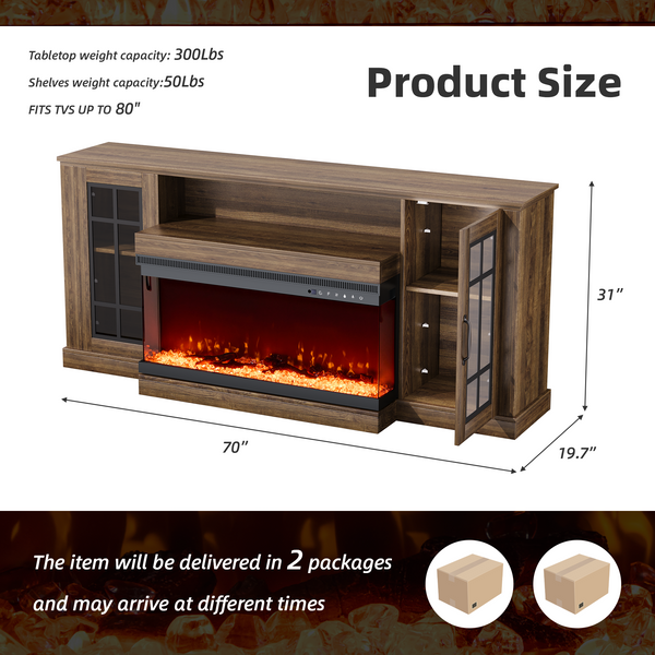 HOMREST 70 Inch 3-Sided Glass Fireplace TV Stand, 12 Color Flames, Fits TVs up to 80