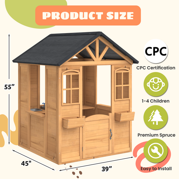 HOMREST Wooden Playhouse for Kids, Outdoor Garden Pretend Play Games, Adventure Cottage, with Working Door, Windows, Service Station, Flowers Pot Holders, Beige