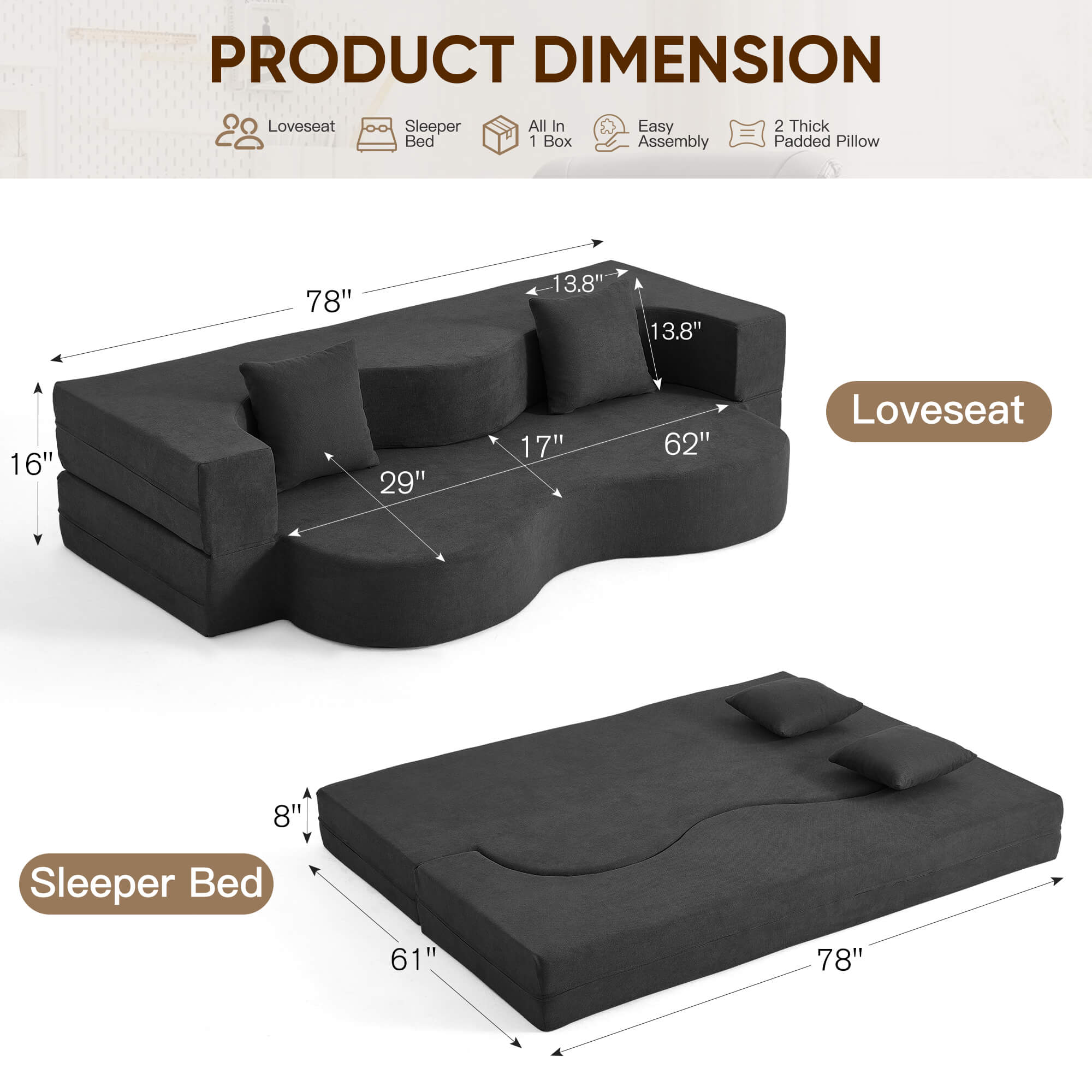 HOMREST Folding Sofa Bed, Floor Sofa Couch, Convertible Sofa Bed With High Density Foam, Foldable Floor Couch Bed