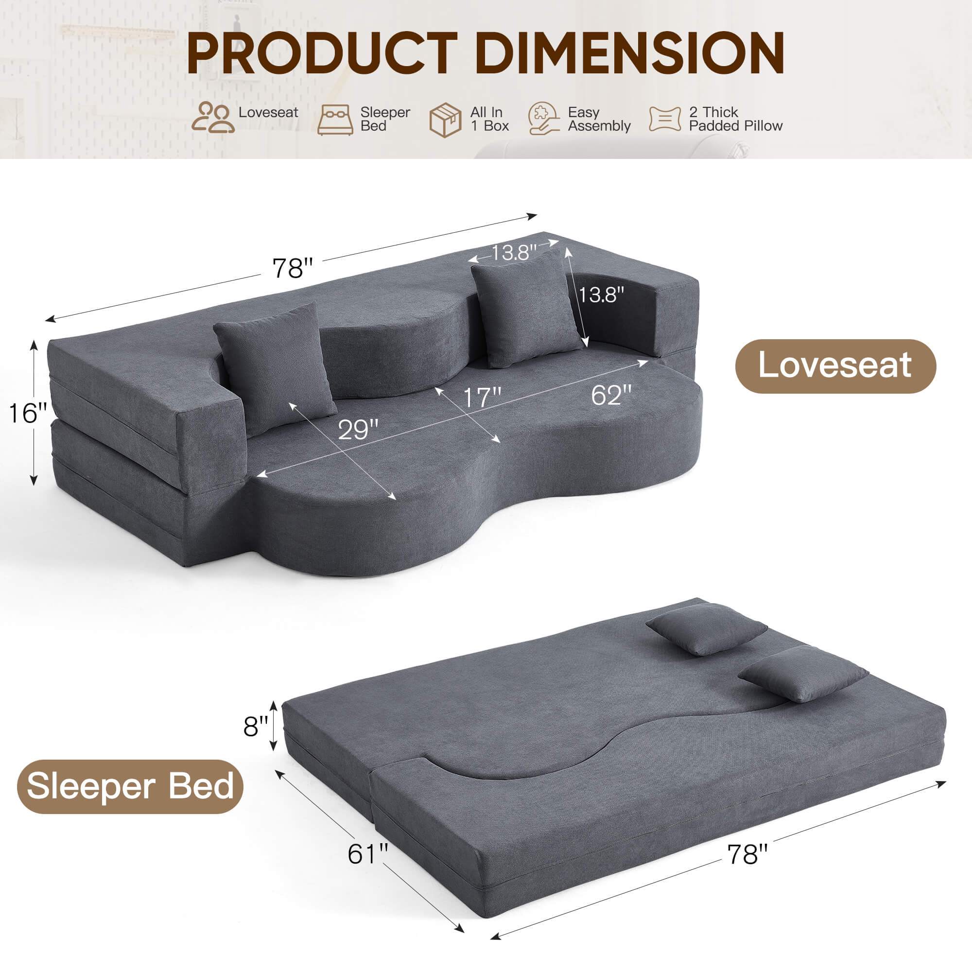 HOMREST Folding Sofa Bed, Floor Sofa Couch, Convertible Sofa Bed With High Density Foam, Foldable Floor Couch Bed For Living Room, Guest Room, Bedroom