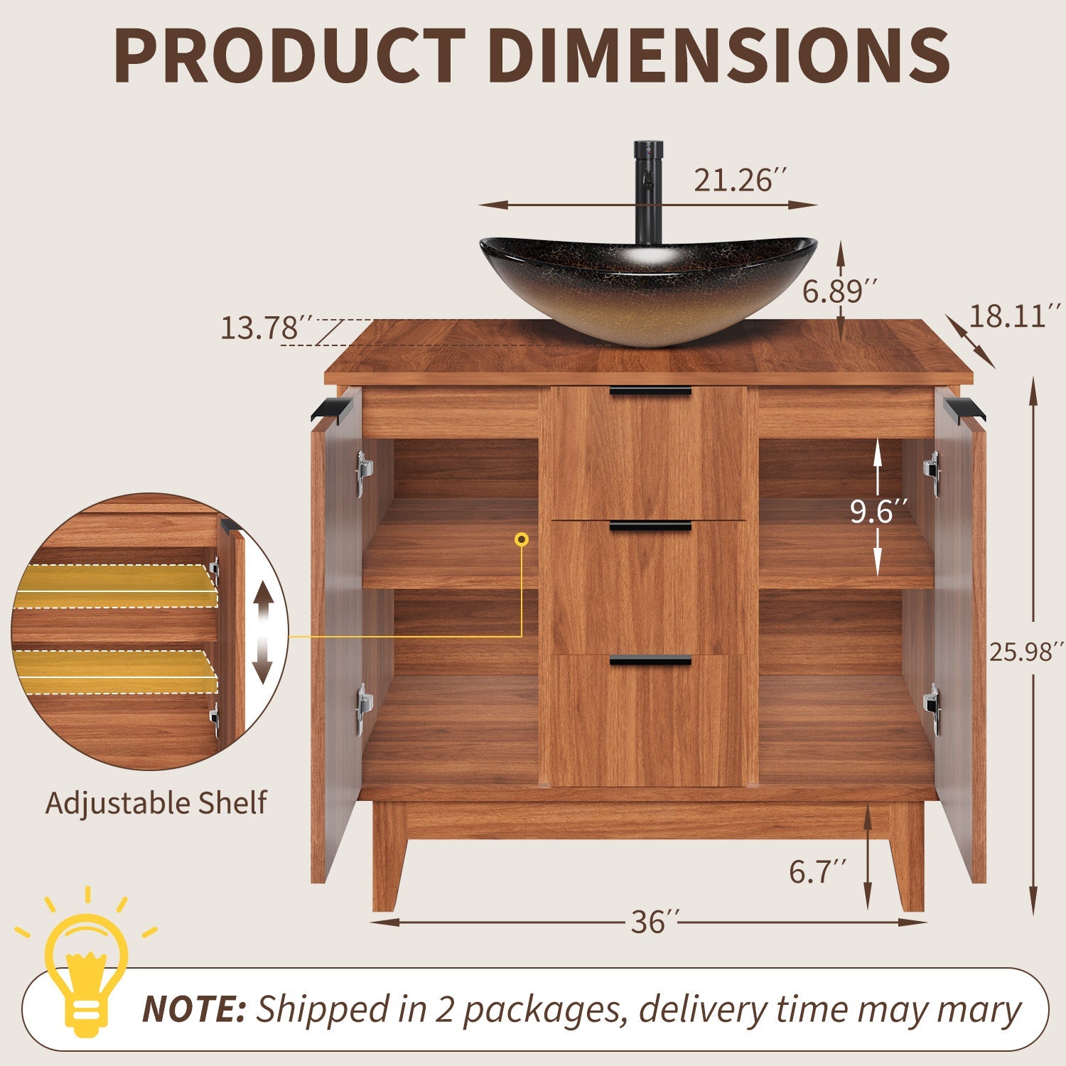 HOMREST 36 Inch Bathroom Vanity with Sink Combo, Bathroom Vanity with 3 Soft-Close Drawers, 2 Doors & Boat Glass Sink, Rustic Bathroom Cabinet Includes Adjustable Shelf, Water Tap & Sink Accessories