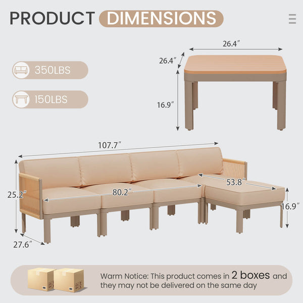 HOMREST 6-Piece Aluminum Outdoor Sectional Sofa Set with Ottoman, Cushions & Coffee Table, Beige