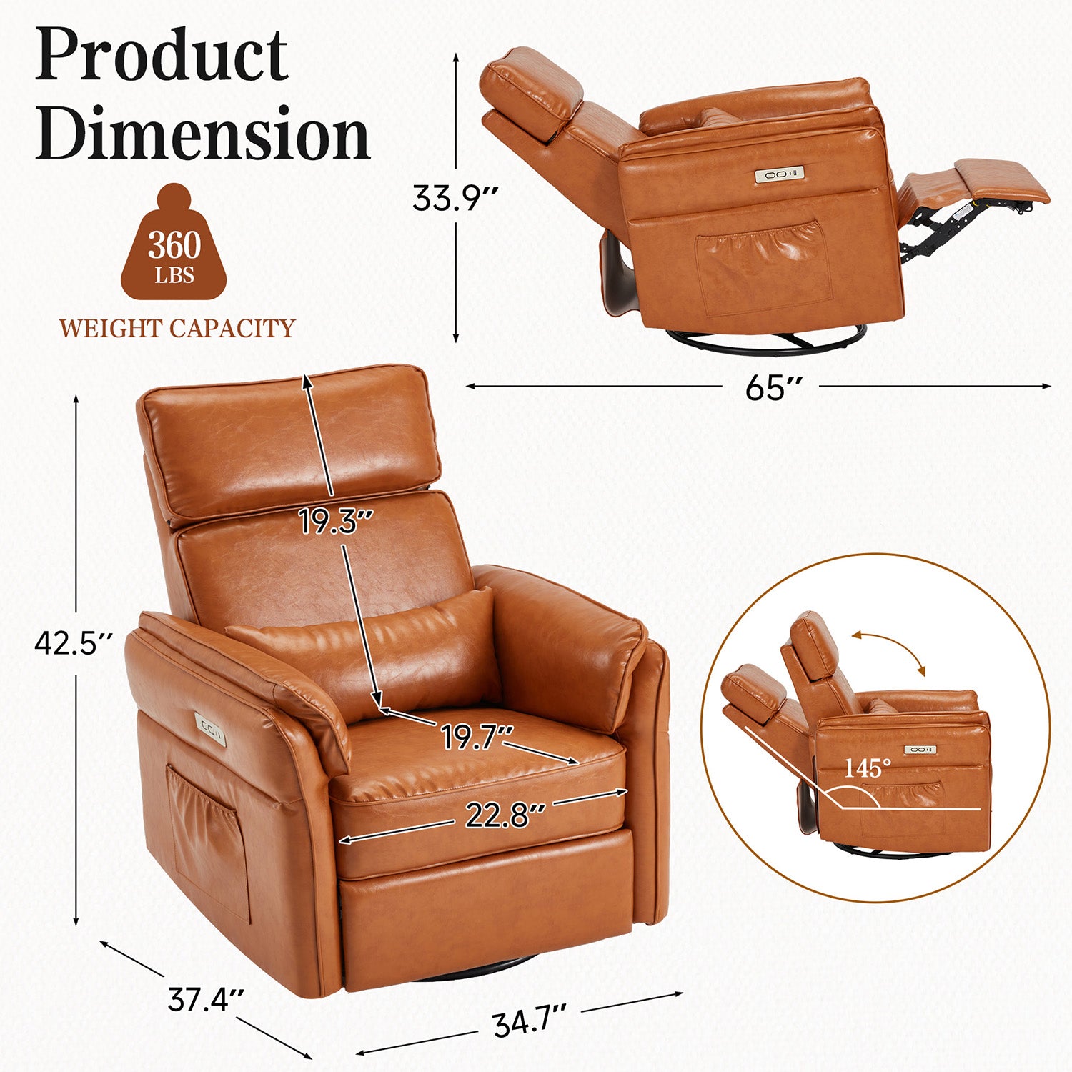 HOMREST Power Swivel Rocking Recliner Chair with Adjustable Headrest and Armrests, Brown