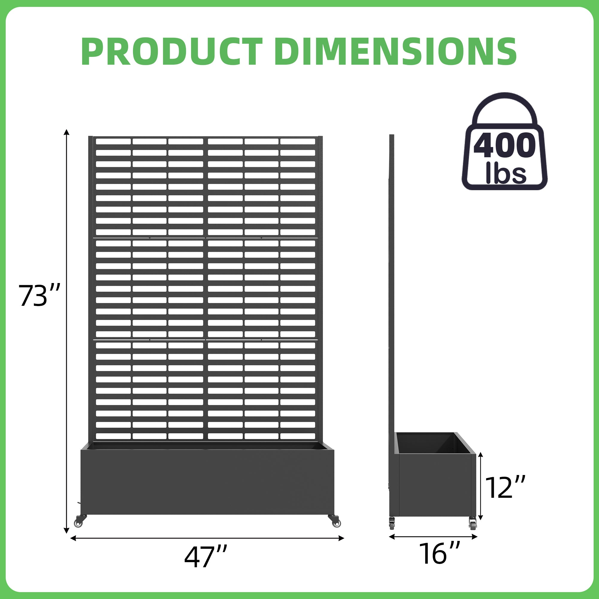 HOMREST Metal Planter Box with Trellis, 73"x 47"x 16" Raised Garden Bed with Wheels and Drainage Holes, Planter with Trellis for Garden, Balcony and Patio, Black