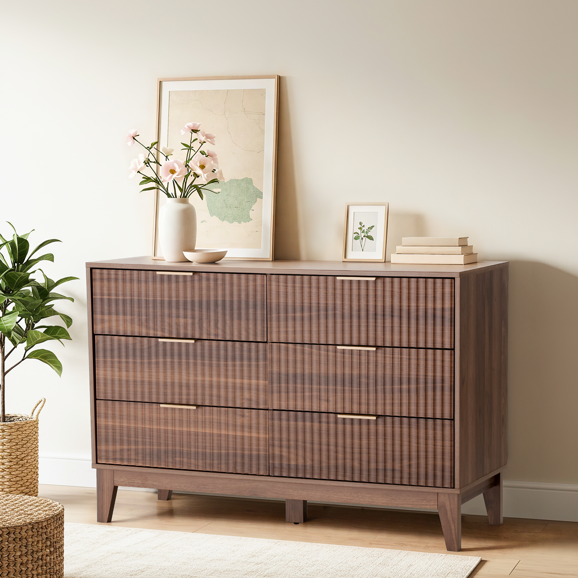 HOMREST Fluted Dresser for Bedroom, 6 Drawer Modern Dresser, Wide Modern Chest of Drawers with Metal Handle, Mid Century Modern Dresser, Walnut