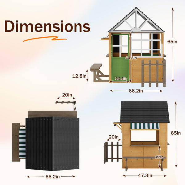HOMREST Outdoor Play House for Kids, Wooden Kids Playhouse with Kitchen Toys, Blackboard,Chalks,Eraser,Magnetic Door, Bench, Foldable Sunshade Canopy,Bell, Pet Hole, Clock,Wood Color