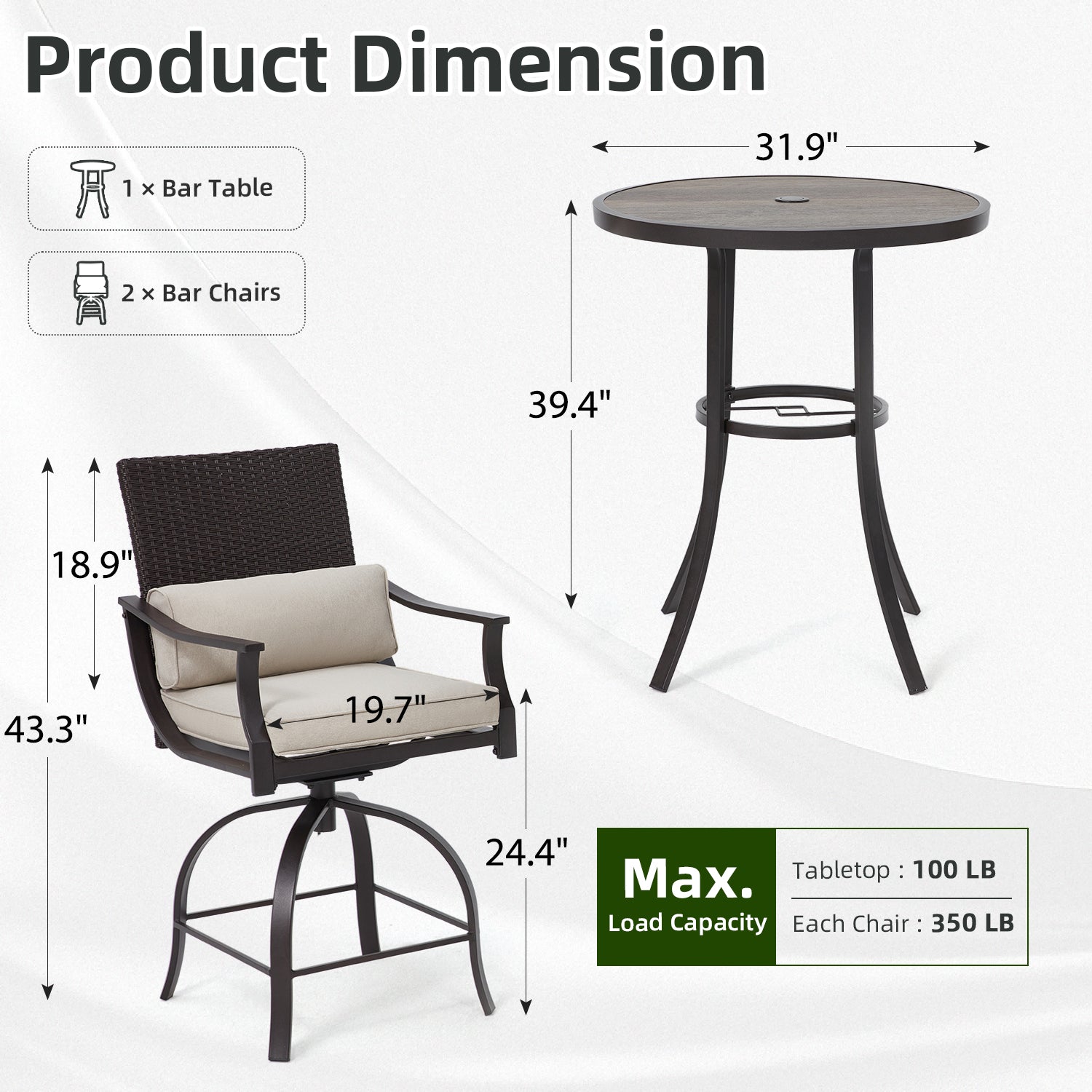 HOMREST 3 Piece Outdoor Patio Set, High Top Patio Bar Set, Beige