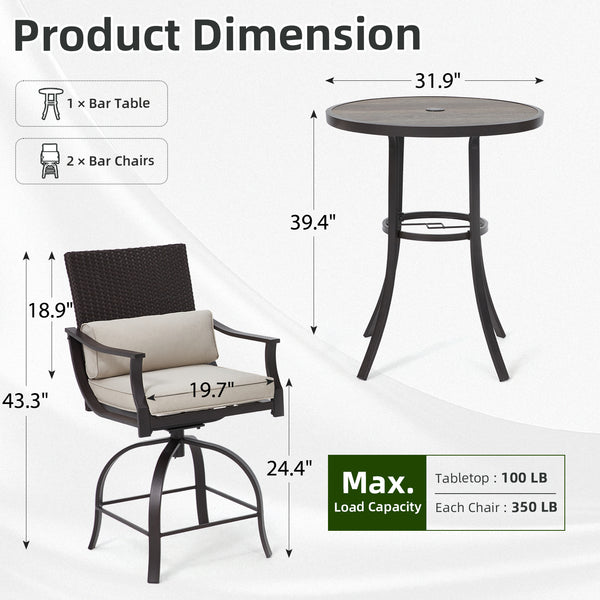 HOMREST 3 Piece Outdoor Patio Set, High Top Patio Bar Set, Beige