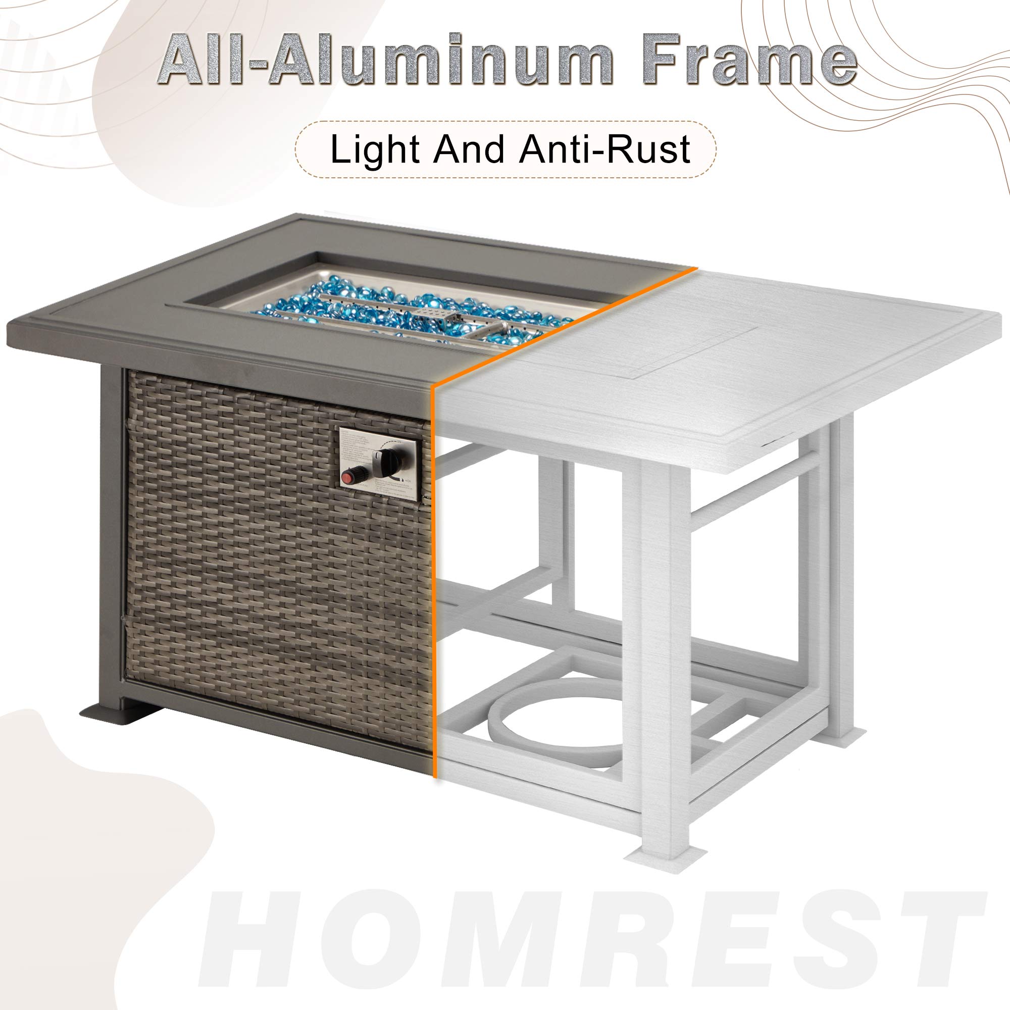 The aluminu frame of out patio fire pit table is light and anti-rust. | Homrest furniture