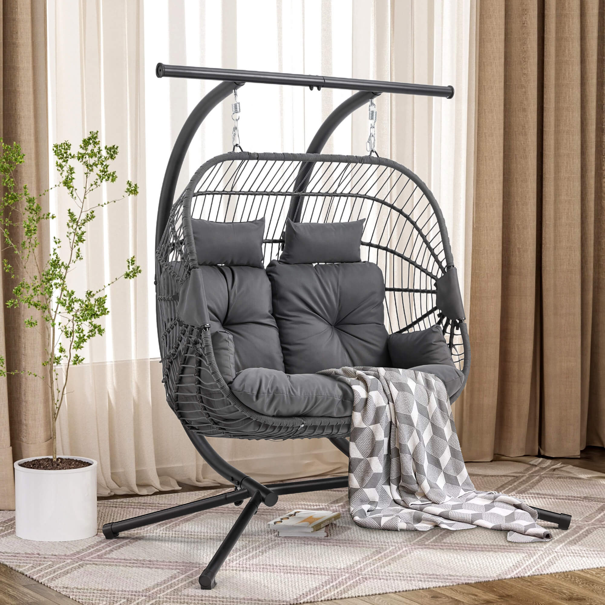 HOMREST Double Hanging Egg Chair with Stand, Wicker Loveseat Swing with Extra Cushion, Gray