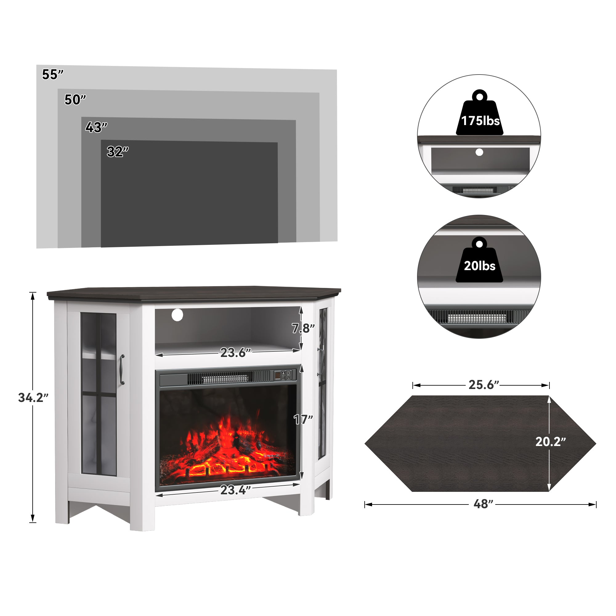 HOMREST 48" Deep Walnut Corner Fireplace Cabinet with 23" Electric Fireplace