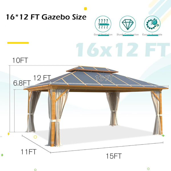 Homrest 12' x 16' Gazebo Outdoor Double Roof Aluminum Composite Canopy Aluminum Frame Pavilio