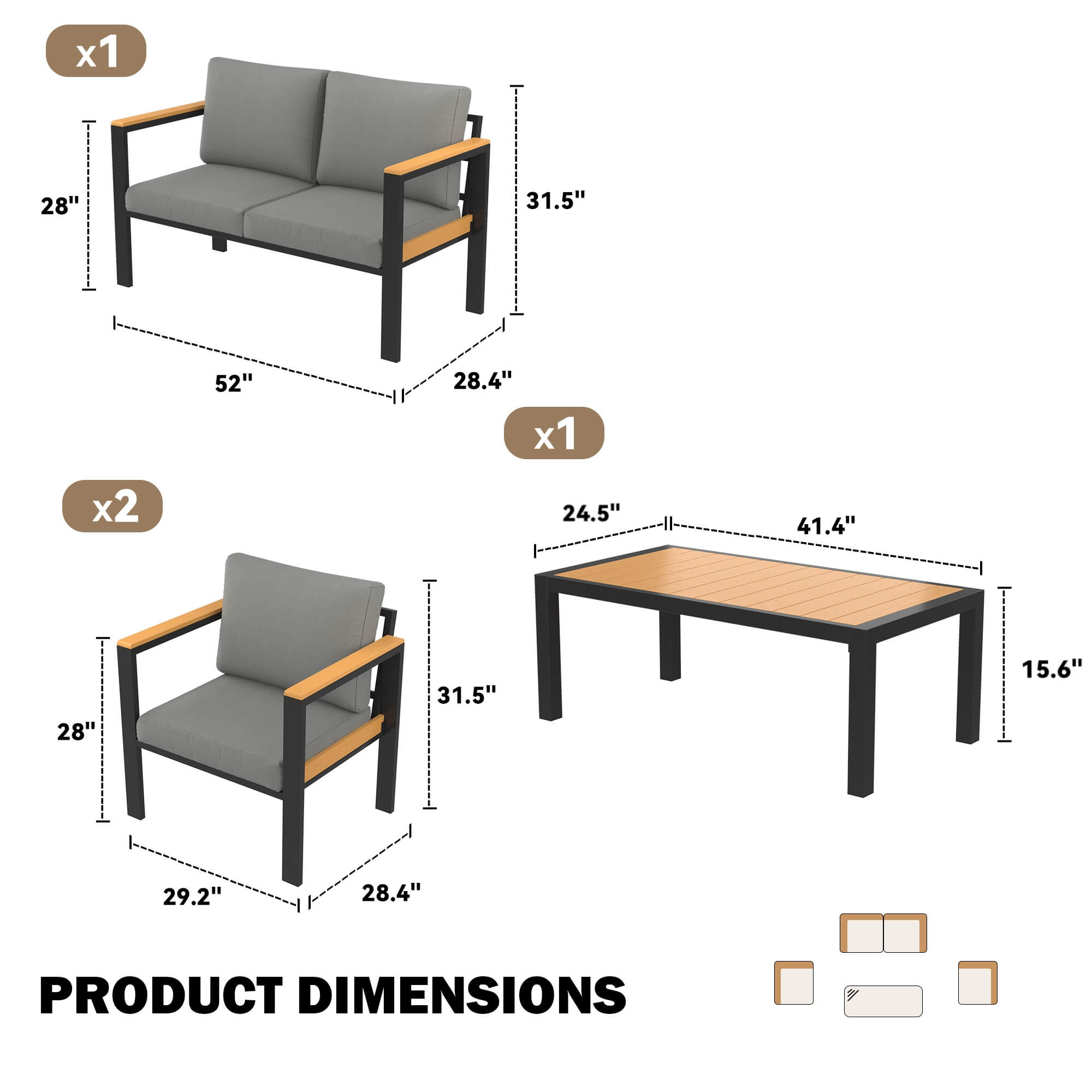 HOMREST 4 Piece Patio Furniture Set, Metal Patio Conversation Set with Coffee Table, All-Weather Outdoor Furniture, Gray