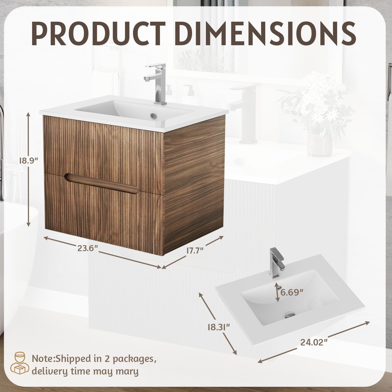 HOMREST 24 Inch Bathroom Vanity with Sink, Floating Bathroom Vanity with Ceramic Basin, Wall Mounted Bathroom Sink Cabinet Set with Soft-Close 2 Drawers, Faucet & Pop Up Drain, Walnut