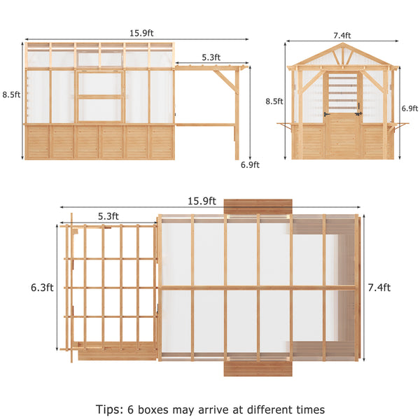HOMREST 7x16 FT Spruce Wood Greenhouse with Pergola, Large Walk-in Polycarbonate Greenhouse Kit with Top-Hung Windows, Built-in Workstation and Staging Shelves for Backyard Garden