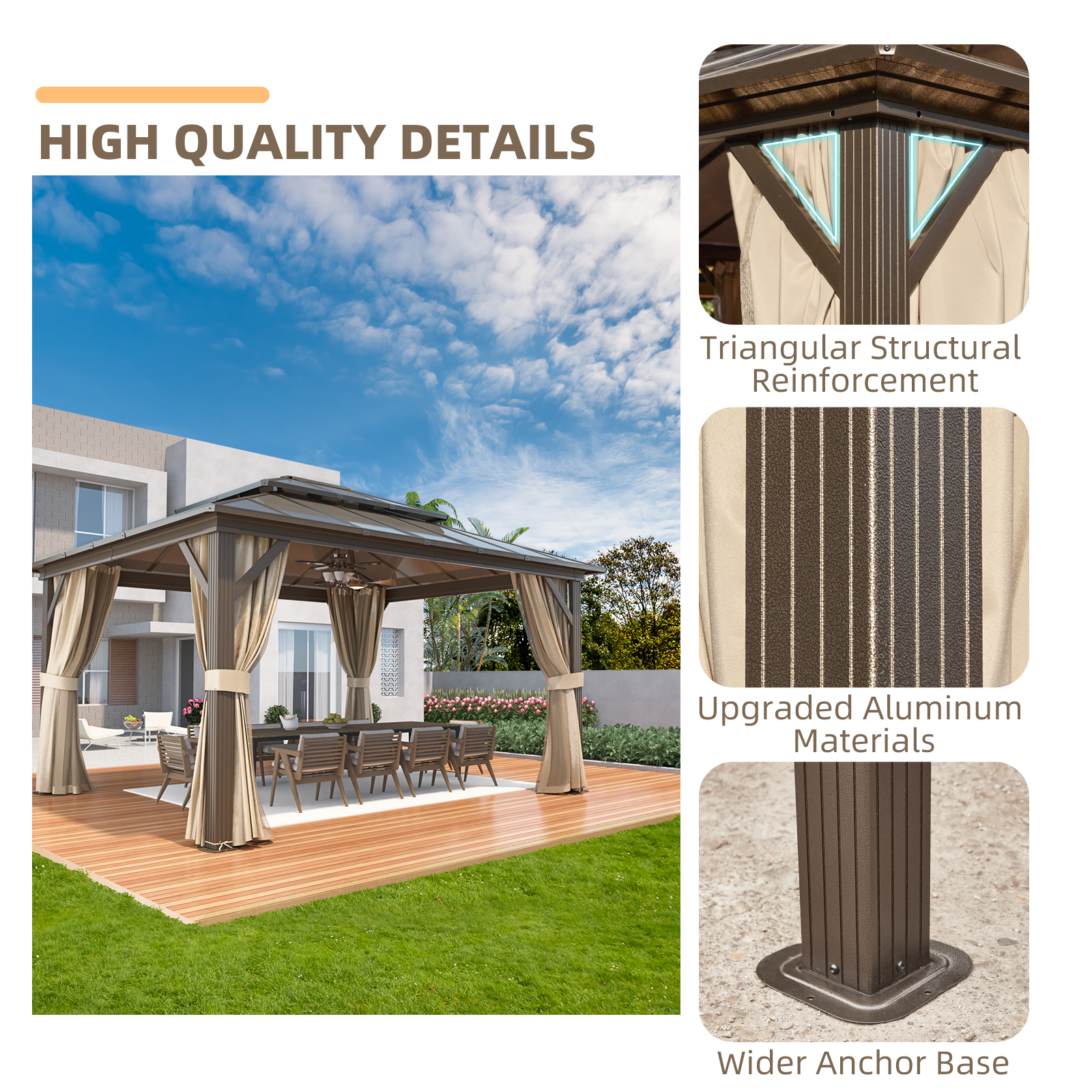 Homrest 12' x 14' Hardtop Gazebo, Outdoor Gazebo with Polycarbonate Vertical Stripe Double Canopy, Aluminum Gazebo with Netting and Curtains for Patios