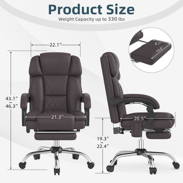 HOMREST 6-Point Massage Office Chair with Heat, Ergonomic Reclining Desk Chair with Footrest, PU Leather Executive Chairs for Home Office, Massaging Computer Chair Gift for Men, Brown