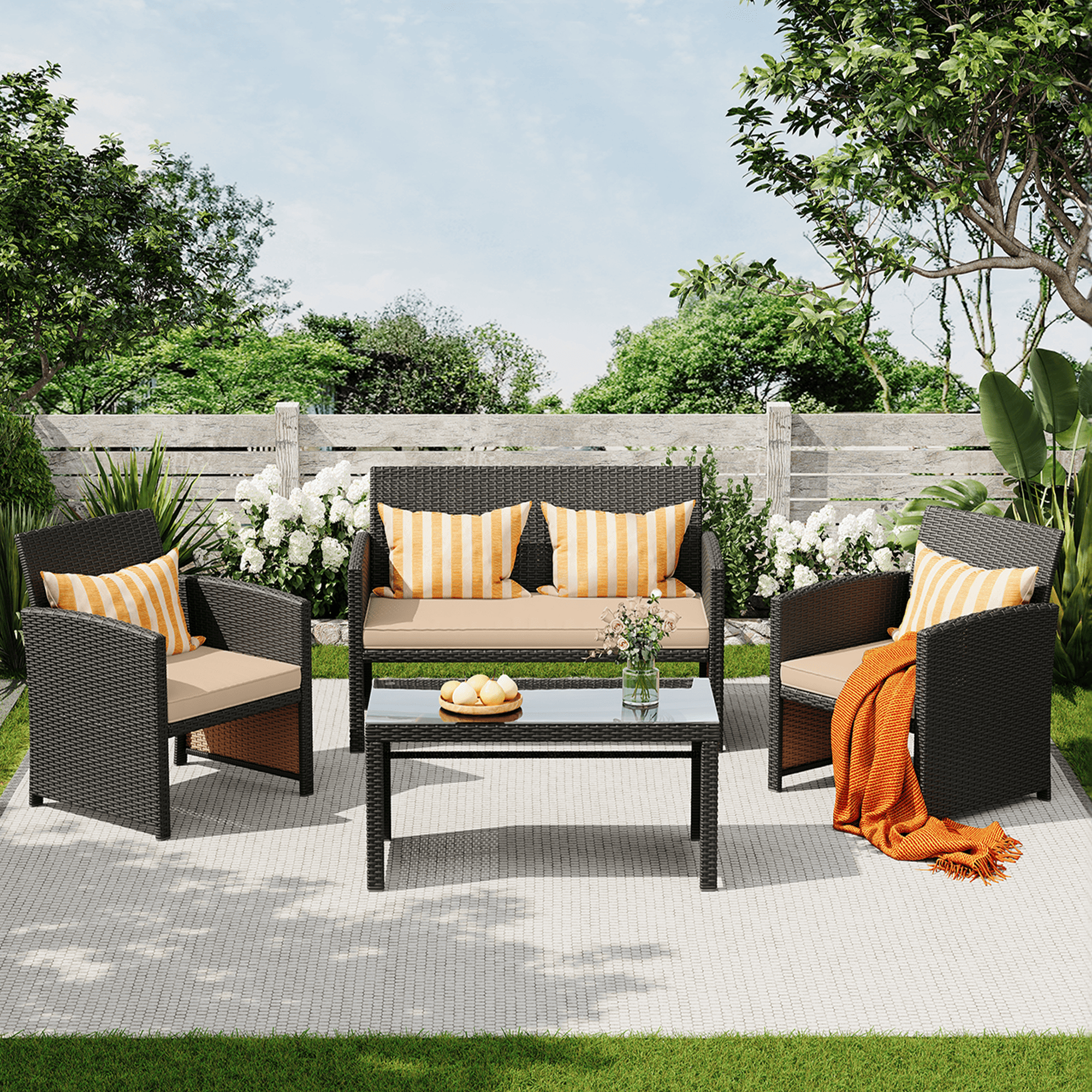 HOMREST 4-Piece Patio Furniture Set, Outdoor Wicker Patio Conversation Set with Cushions, Sofa & Glass Coffee Table, Khaki