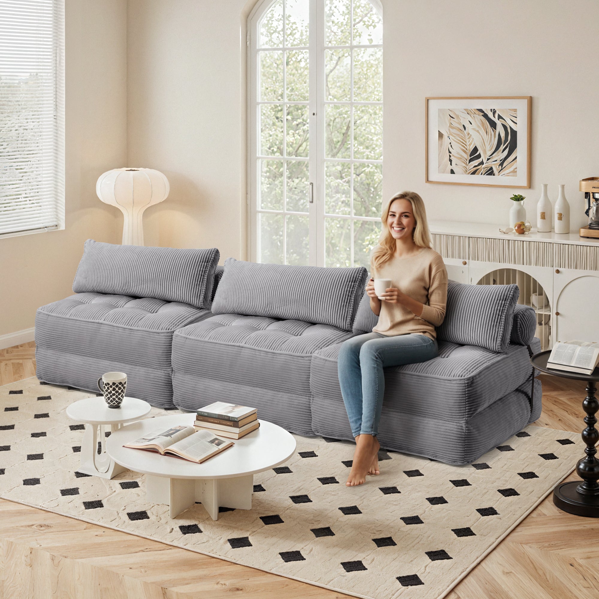 HOMREST 3-Piece Modular Sectional Sofa, Convertible Lounge Set – Foldable Couch Bed, Gray Blue