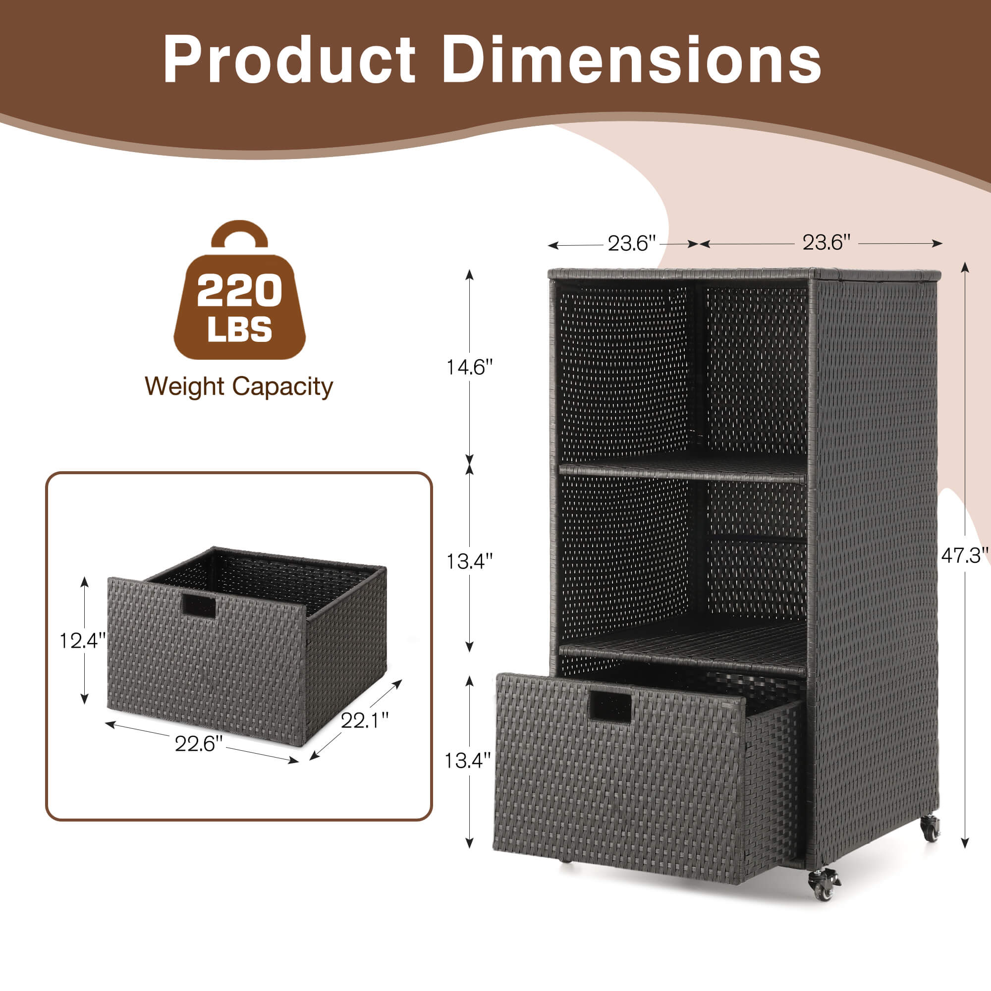 HOMREST Outdoor Pool Towel Rack with Storage Cabinet, Waterproof PE Rattan Wicker Poolside Towel Organizer with Shelves & Drawer, Rolling Wheels Towel Valet Caddy, Black