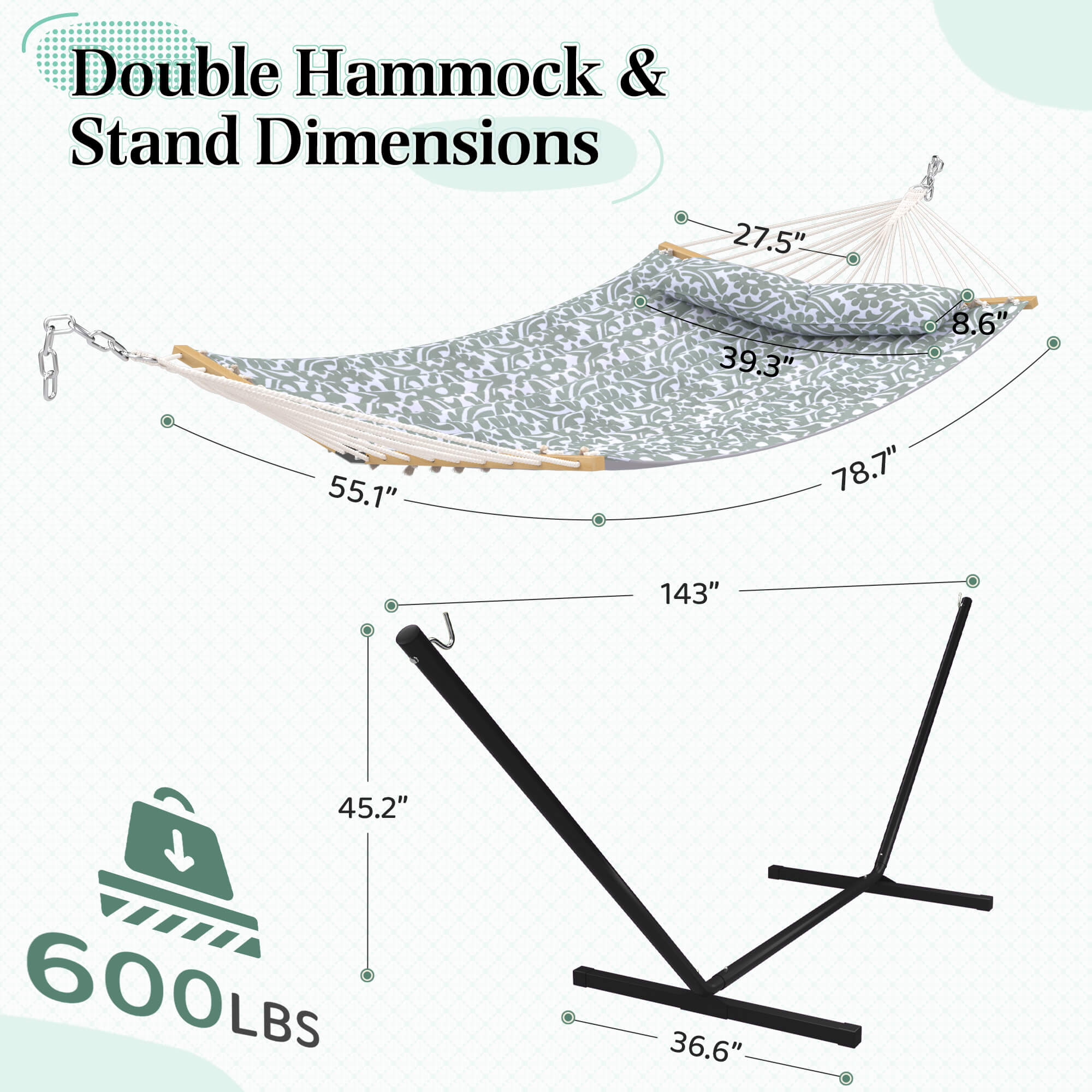 HOMREST Modern Rope Hammock with Stand, Portable Outdoor Hammock for Backyard, Beach & Camping, Gray Floral