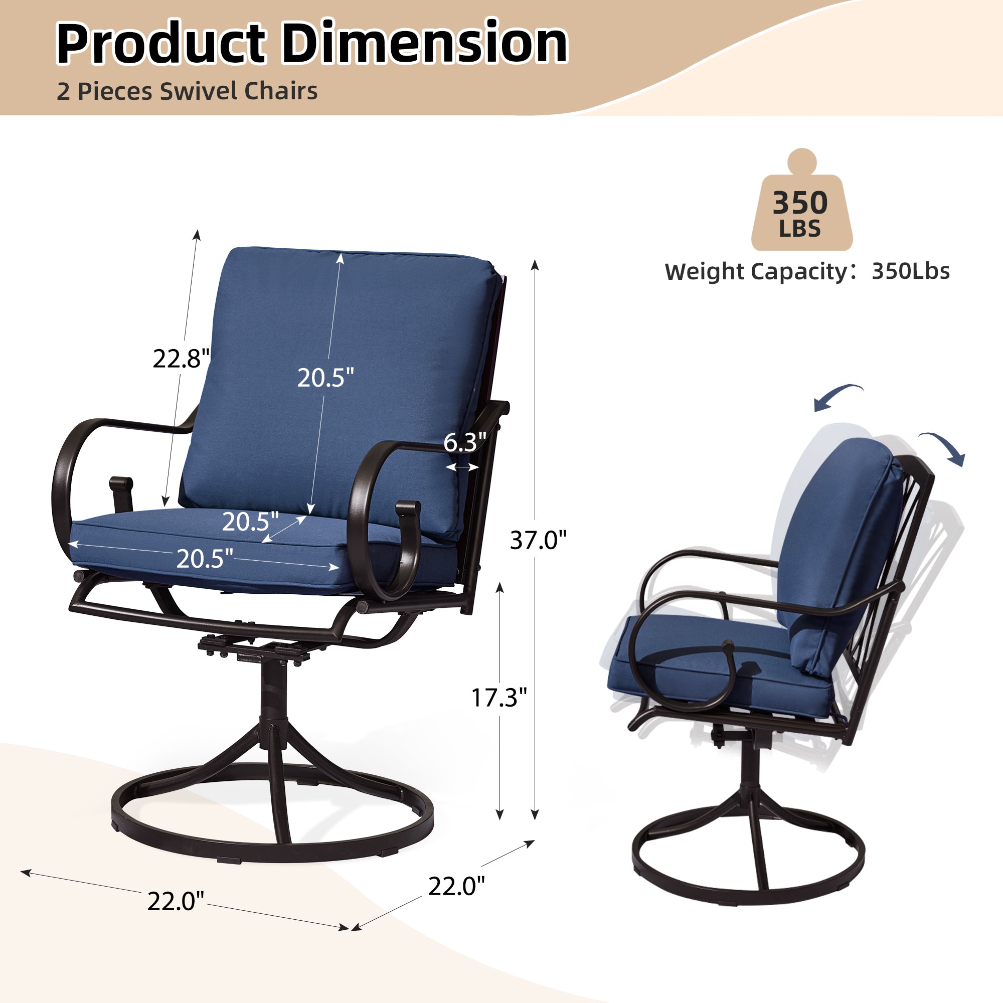 HOMREST  Patio Swivel Chair Set of 2, Outdoor Dining Chairs with Cushions, Blue