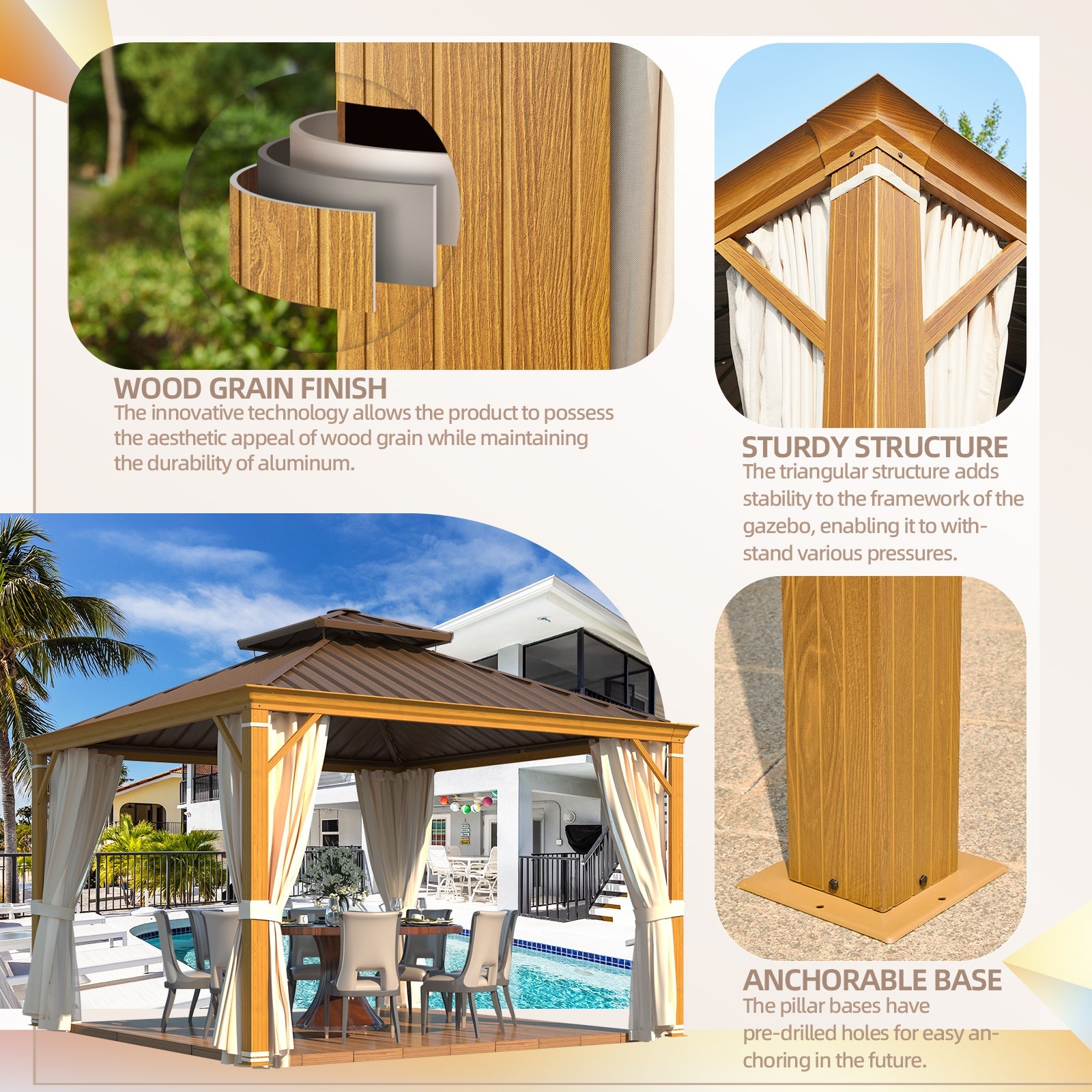Homrest 12' x 12' Hardtop Gazebo with Aluminum Frame, Wood-Grain