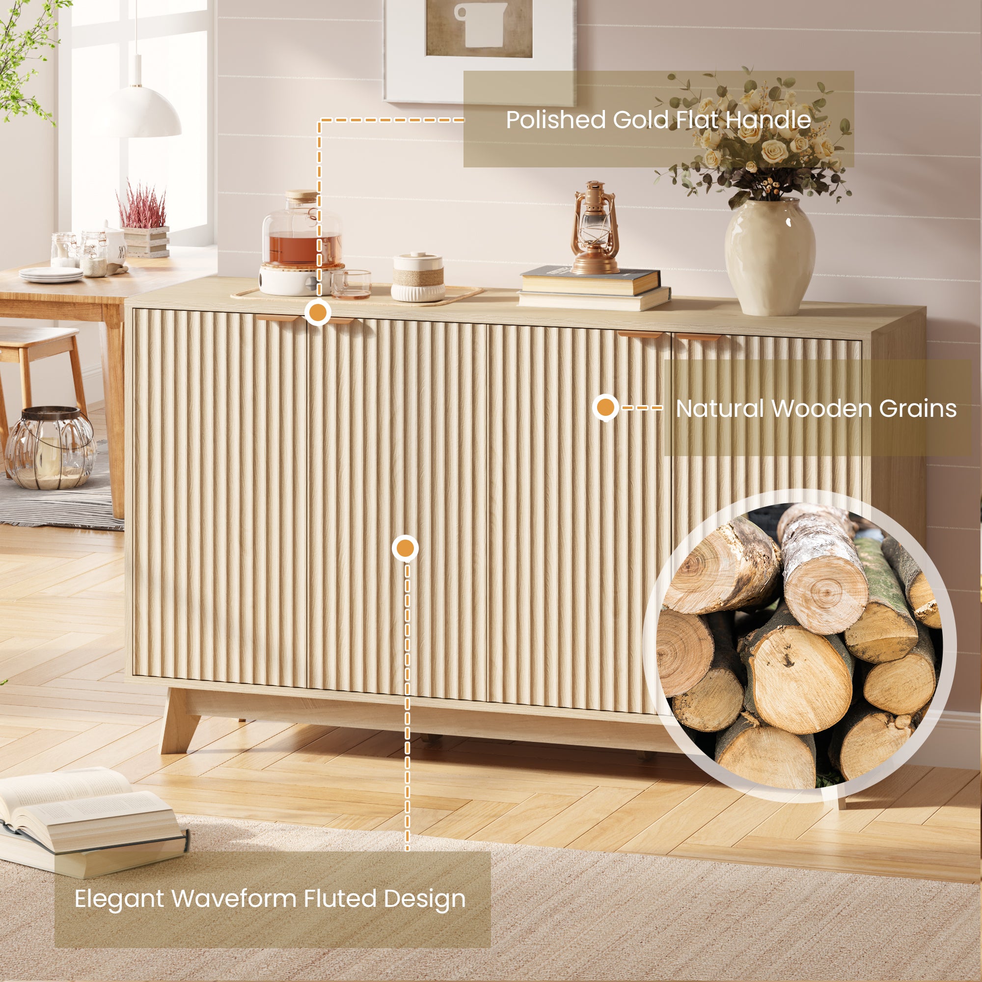 HOMREST Fluted Storage Cabinet, Modern Accent Buffet Cabinet with Double Doors and Adjustable Shelves for Living Room, Kitchen