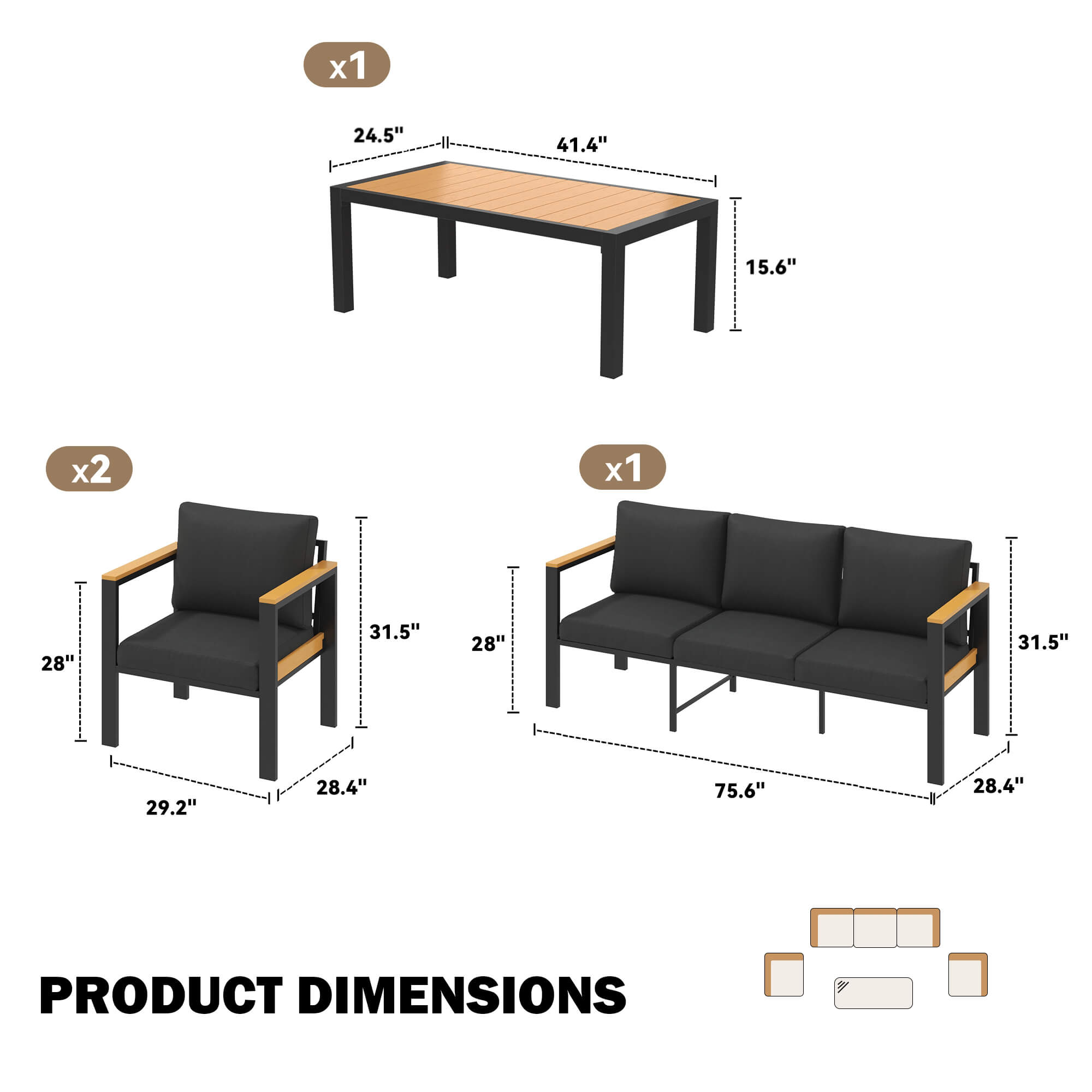 HOMREST 5 Piece Patio Furniture Set, Metal Patio Conversation Set with Coffee Table, All-Weather Outdoor Furniture, Black