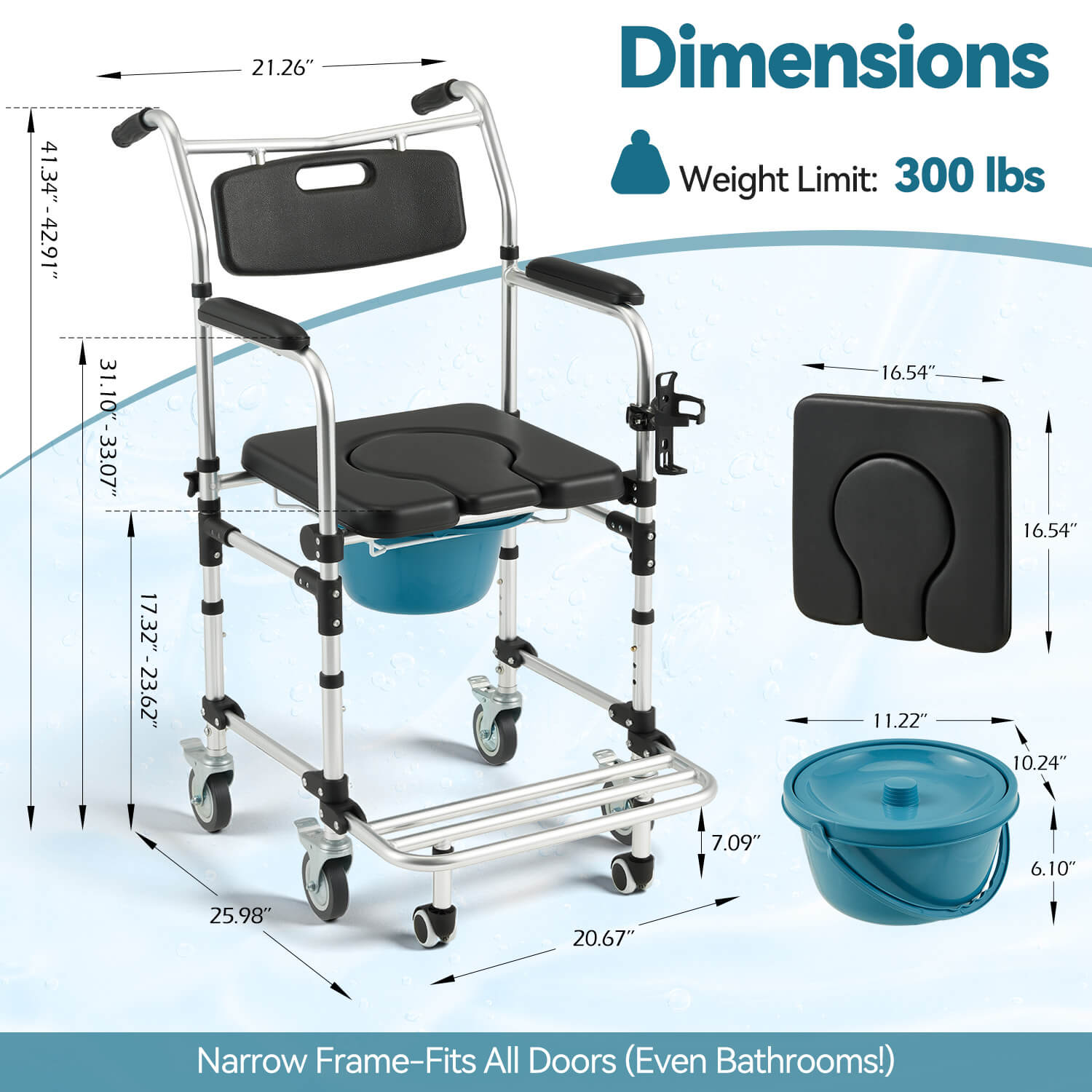 HOMREST 4-in-1 Bedside Commode Shower Wheelchair for Elderly and Disabled, Commode Chair with 4 Lockable Wheels, Detachable Bucket, Padded Seat and Armrests, Flip-Up Footrest, Black