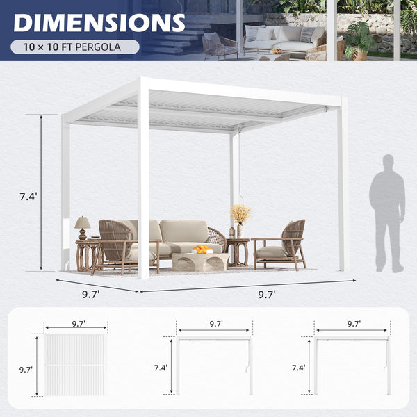 HOMREST 10' x 10' Outdoor Pergola with Adjustable Louvered Roof & Integrated Drainage, Heavy-Duty Metal Louvered Pergola for Patios, White