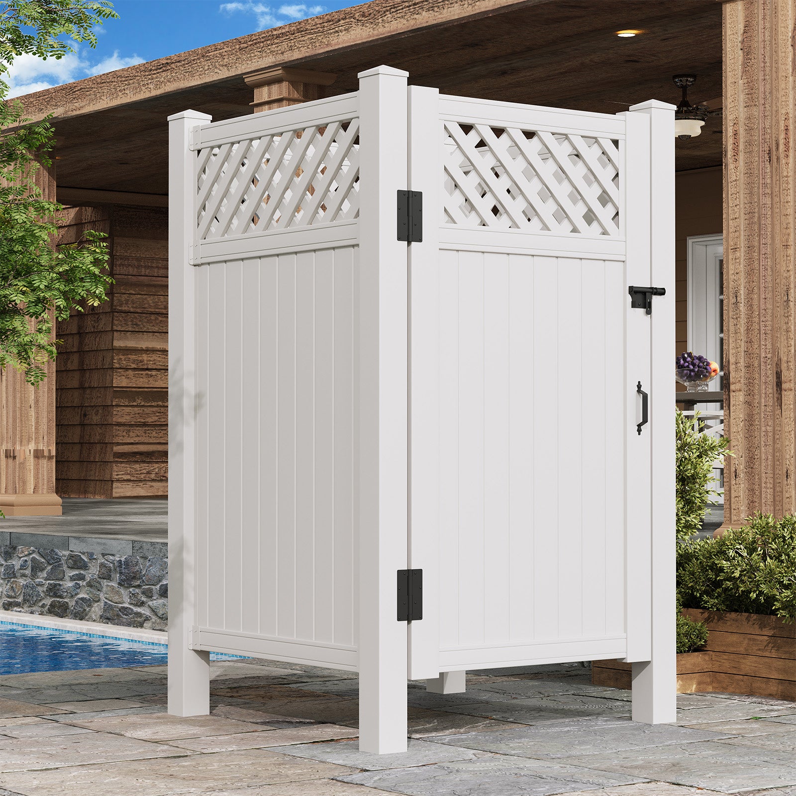 HOMREST 80.75"H x 45.75"W x 45.75"L White PVC Outdoor Shower Enclosure with Door, Weatherproof Privacy Stall for Pool & Beach, Durable Vinyl Construction(Grid-panel)