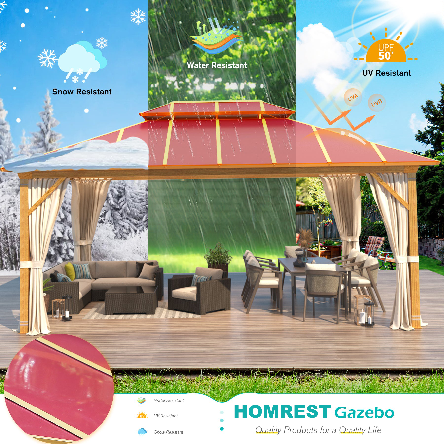 Homrest 12X16 Gazebo, Outdoor Wood Grain Hardtop Gazebos